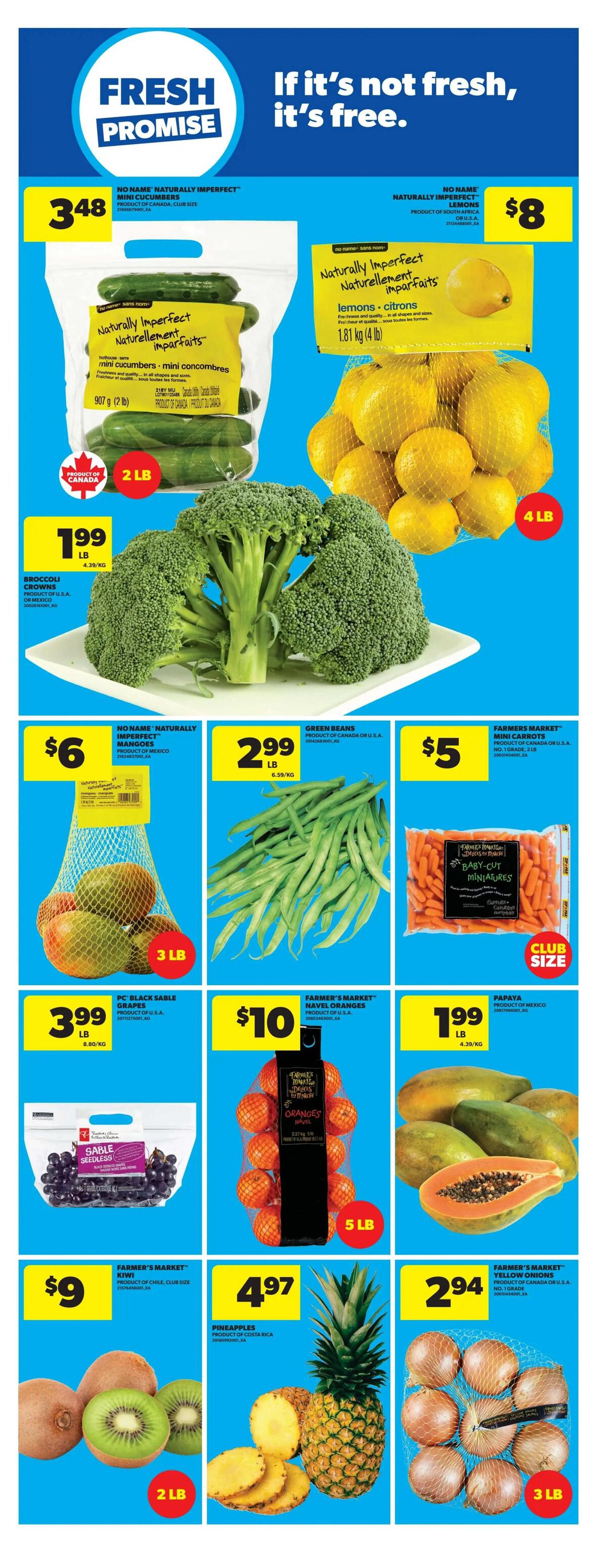 Real Canadian Superstore weekly flyer specials page 13. Features a 'Fresh Promise: If it's not fresh, it's free' banner. Offers include No Name Naturally Imperfect Mini Cucumbers for $3.48 (907 g / 2 lb bag), No Name Naturally Imperfect Lemons for $8 (1.81 kg / 4 lb bag), Broccoli Crowns for $1.99 per lb, Green Beans for $2.99 per lb, Farmer's Market Baby-Cut Mini Carrots for $5 (club size bag), PC Black Sable Grapes for $3.99 per lb, Farmer's Market Navel Oranges for $10 (2.27 kg / 5 lb bag), Papayas for $1.99 per lb, Farmer's Market Kiwi for $9 (2 lb bag), Pineapples for $4.97 each, and Farmer's Market Yellow Onions for $2.94 per 3 lb bag.