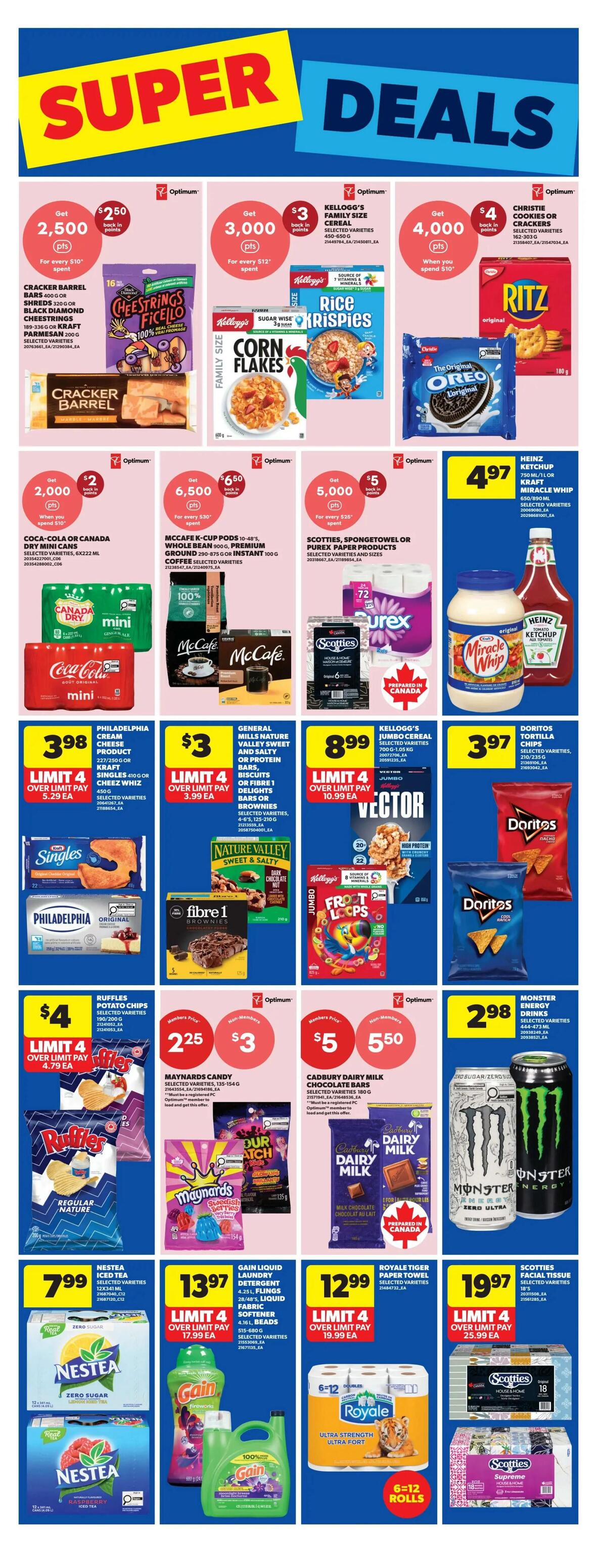Real Canadian Superstore weekly flyer specials page 17 features 'Super Deals'. Top row includes Cracker Barrel Cheese Strings for 2,500 Optimum points when you spend $10, Kellogg's Family Size Cereal for 3,000 Optimum points when you spend $12, Christie Cookies or Crackers for 4,000 Optimum points when you spend $10, and Oreo Cookies for $4.97. Next row offers Coca-Cola or Canada Dry Mini Cans for $2.00, McCafe K-Cup Pods or Ground Coffee for $6.50, Scotties Soft Towel or Purex Paper Products for $5.00, and Heinz Ketchup or Miracle Whip for $4.97. Middle section highlights Philadelphia Singles for $3.98, Fibre 1 Brownies for $3.00, Nature Valley Sweet & Salty Bars for $3.99, Kellogg's Jumbo Cereal for $8.99, and Doritos Tortilla Chips for $3.97. Bottom row features Ruffles Potato Chips for $4.00, Maynards Candy for $2.25 (members) or $3.00 (non-members), Cadbury Dairy Milk Chocolate Bars for $5.00 (members) or $5.50 (non-members), Monster Energy Drinks for $2.98, Nestea Iced Tea for $7.99, Gain Liquid Laundry Detergent for $13.97, Royale Tiger Paper Towel for $12.99, and Scotties Facial Tissue for $19.97.