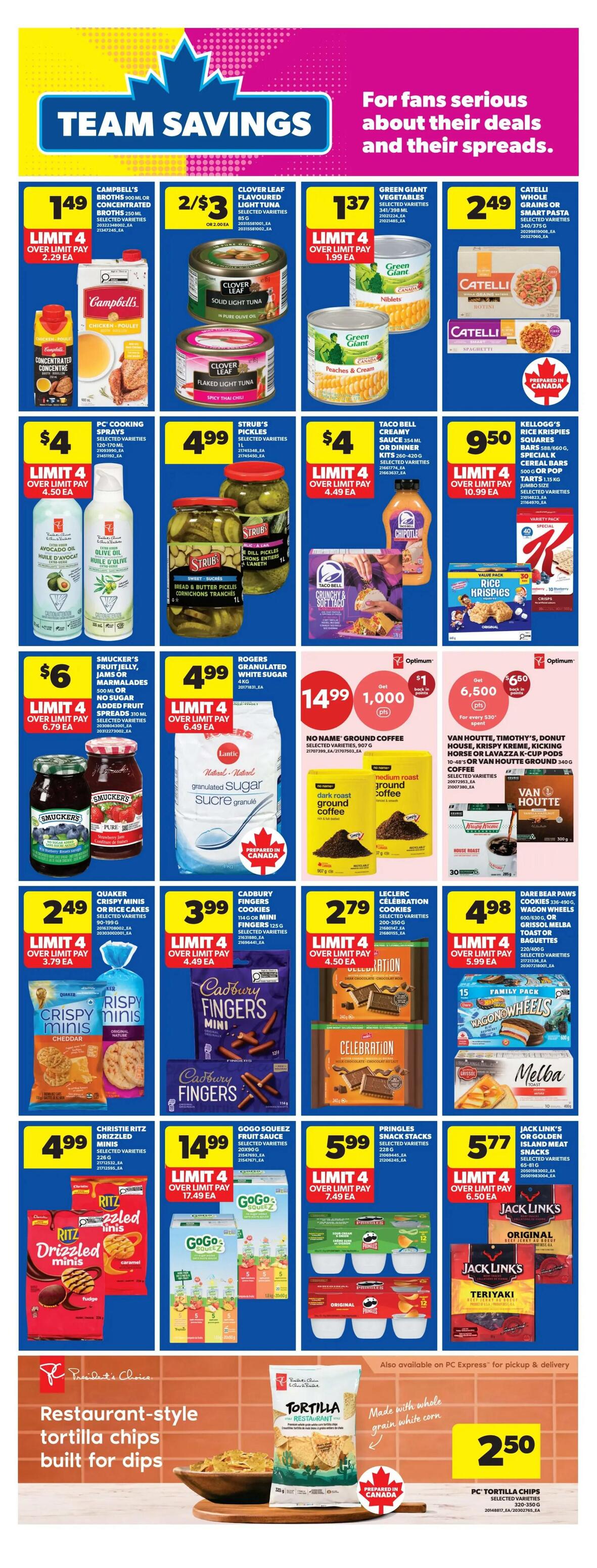 Real Canadian Superstore weekly flyer specials page 18 features 'Team Savings' with deals on various food items. Featured products include Campbell's concentrated broths for $1.49, Clover Leaf flaked light tuna for 2/$3, and Green Giant vegetables for $1.37. Also on sale are Catelli whole grains or smart pasta for $2.49, PC cooking sprays for $4, and Strub's pickles for $4.99. Taco Bell creamy sauce or dinner kits are $4, and Kellogg's Rice Krispies squares or cereal bars are $9.50. Smucker's fruit jelly or marmalades are $6, Rogers granulated white sugar is $4.99, and No Name ground coffee is $14.99 with 1,000 Optimum points back. Van Houtte, Timothy's, Donut House, Krispy Kreme, or Lavazza K-Cup pods are $6.50 with 650 Optimum points back. Quaker Crispy Minis or Rice Cakes are $2.49, Cadbury Fingers cookies are $3.99, Leclerc Célébration cookies are $2.79, and Dare Bear Paws or Wagon Wheels are $4.98. Christie Ritz Drizzled Minis are $4.99, GoGo Squeez fruit sauce pouches are $14.99, Pringles snack stacks are $5.99, and Jack Link's or Old El Paso Island Meat Snacks are $5.77. The page also highlights President's Choice Restaurant-style tortilla chips made with whole grain white corn for $2.50.