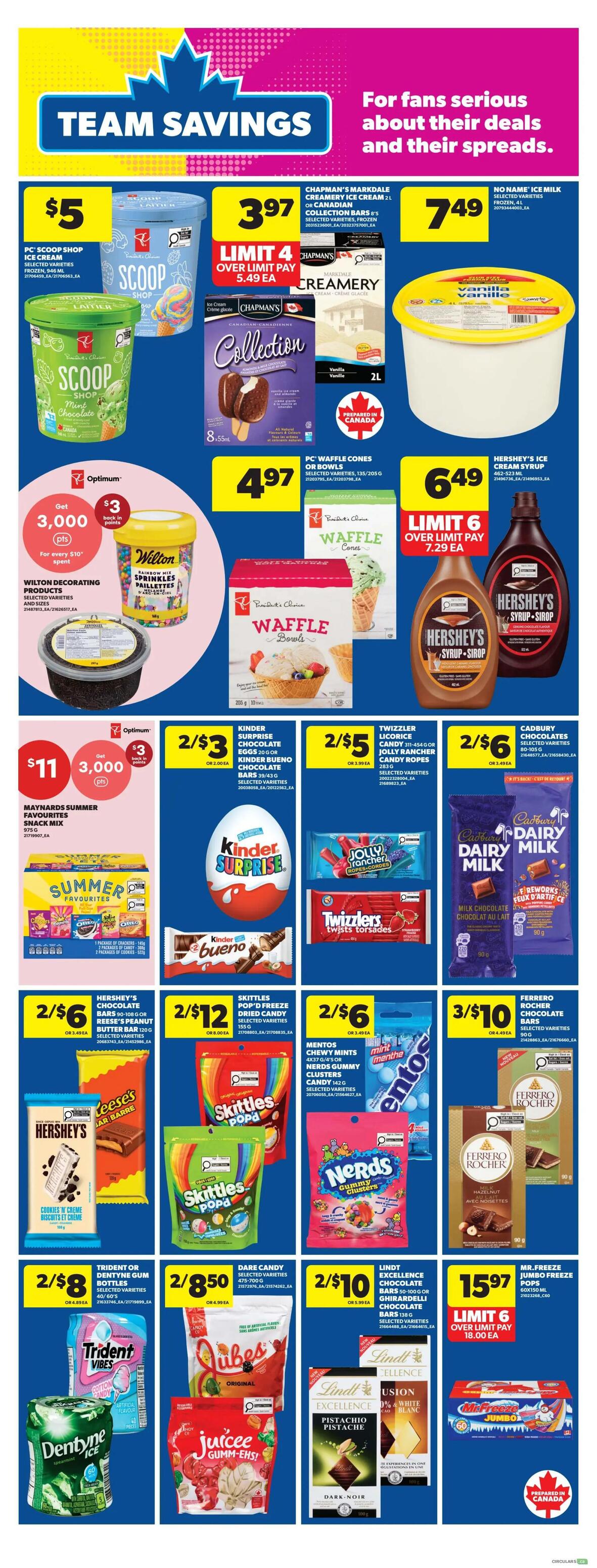 Real Canadian Superstore weekly flyer specials page 20 features Team Savings on various treats and frozen desserts. Get PC Scoop Shop ice cream for $5. Chapman's Markdale Creamery Ice Cream 2L or Canadian Collection bars are $3.97 with a limit of 4, or $5.49 each over the limit. No Name Ice Milk is $7.49. Wilton Decorating Products, including sprinkles and cake mix, offer 3,000 Optimum points for every $10 spent. PC Waffle Cones or Bowls are $4.97. Hershey's Ice Cream Syrup 650mL is $6.49 with a limit of 6, or $7.29 each over the limit. Maynards Summer Favourites Snack Mix is $11 for 3,000 Optimum points for every $10 spent. Candy deals include: Kinder Surprise Eggs or Kinder Bueno Chocolate Bars 2 for $5, Twizzlers Licorice Candy Ropes 2 for $5, Cadbury Dairy Milk Chocolates 2 for $6, Hershey's Chocolate Bars or Reese's Peanut Butter Cups 2 for $6, Skittles Pop'd Freeze Dried Candy 2 for $12, Mentos Chewy Mints or Nerds Gummy Clusters Candy 2 for $6, and Ferrero Rocher Chocolate Bars 3 for $10. Trident or Dentyne Gum bottles are 2 for $8. Dare Candy selected varieties are 2 for $8.50. Lindt Excellence Chocolate Bars or Ghirardelli Chocolate Bars are 2 for $10. Mr. Freeze Jumbo Pops are $15.97 with a limit of 6, or $18.00 each over the limit.