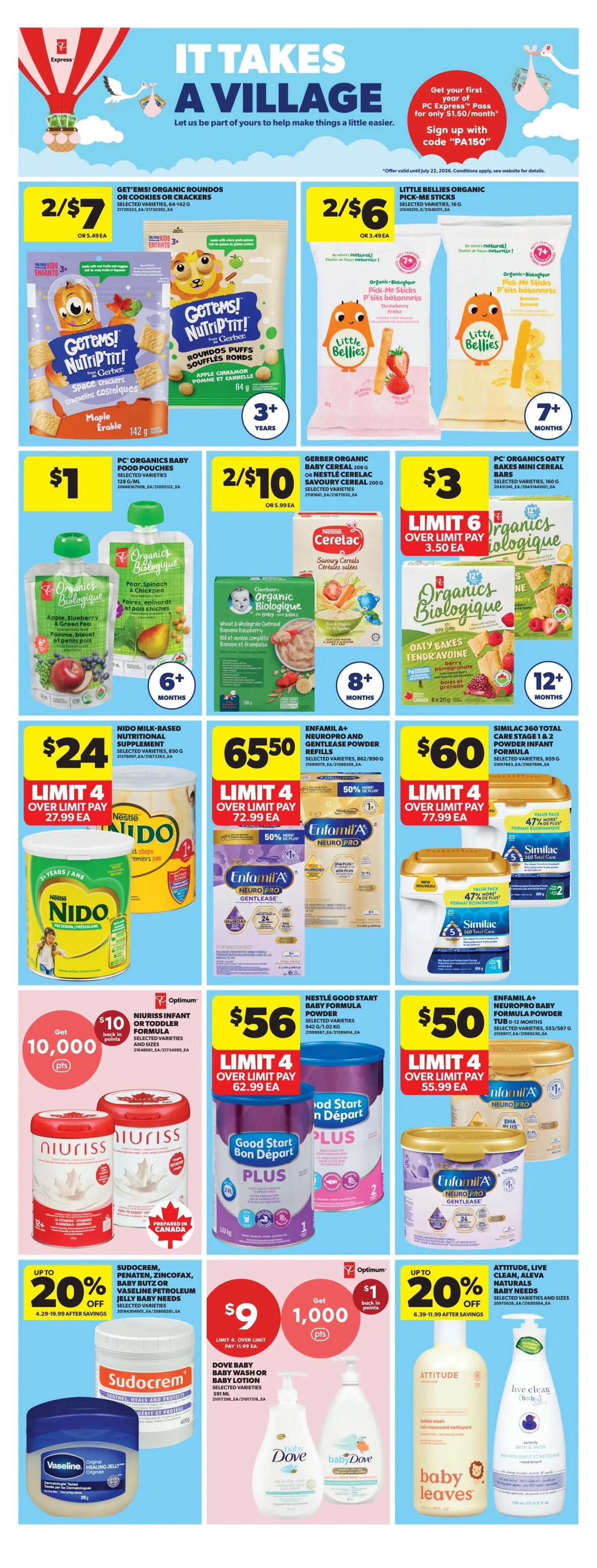 Real Canadian Superstore weekly flyer specials page 27 features a village theme. Promotions include Get's Em! Organic Roundos or Cookies/Crackers at 2 for $7, and Little Bellies Organic Pick-Me Sticks at 2 for $6. PC Organics Baby Food Pouches are $1 each. Gerber Organic Baby Cereal is 2 for $10. PC Organics Oaty Bakes Mini Cereal Bars are $3. Nido Milk-Based Nutritional Supplement is $24, limit 4. Enfamil A+ Neuropro and Gentlease Powder Refills are $65.50, limit 4. Similac 360 Total Care 1 & 2 Powder Infant Formula is $60, limit 4. Niuriss Infant or Toddler Formula is $10 with 10,000 Optimum points back. Nestlé Good Start Baby Formula Powder is $56, limit 4. Enfamil A+ Neuropro Baby Formula Powder is $50, limit 4. Save up to 20% on Sudocrem, Penaten, Zincofax, Baby Butz or Vaseline Petroleum Jelly Baby Needs. Dove Baby Wash or Baby Lotion is $9, limit 4, with 1,000 Optimum points back. Save up to 20% on Attitude, Live Clean, Aleva Naturals Baby Needs.