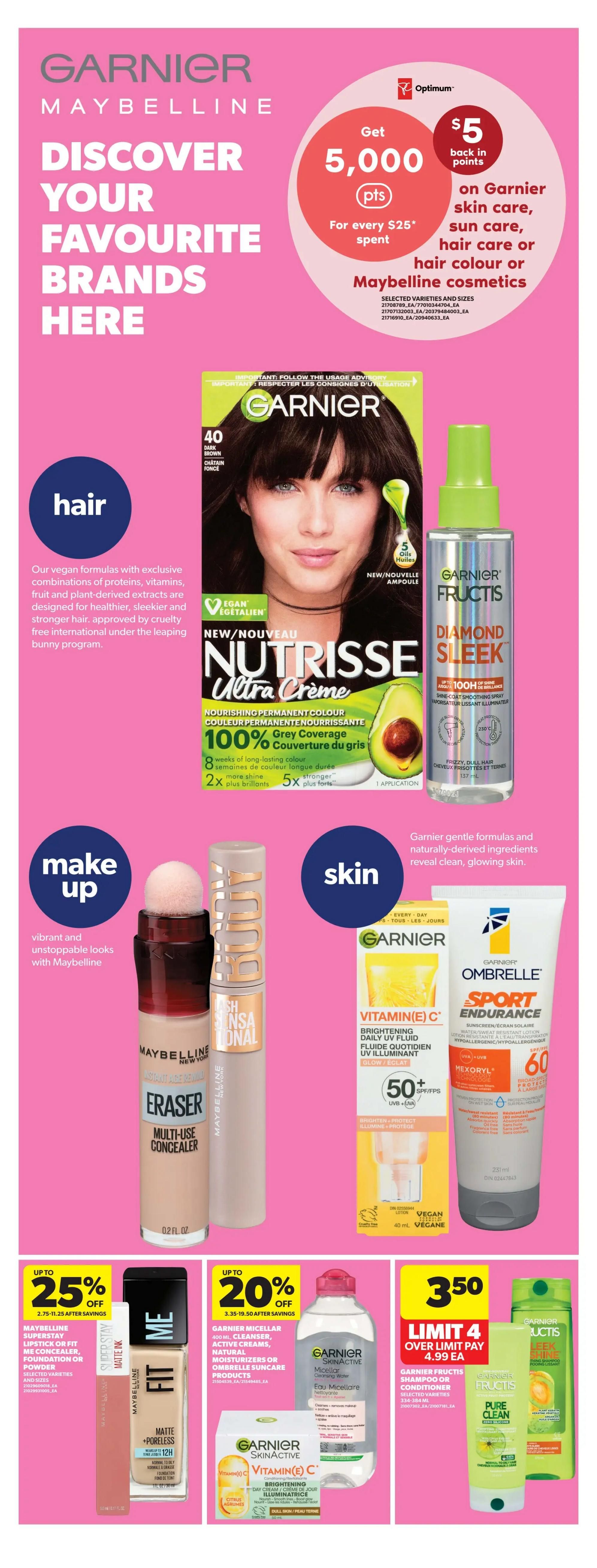 Real Canadian Superstore weekly flyer specials page 31 featuring Garnier and Maybelline beauty products. Get 5,000 Optimum points back in points when you spend $25 on Garnier skin care, sun care, hair care, hair colour, or Maybelline cosmetics. Featured products include Garnier Nutrisse Ultra Crème nourishing permanent hair colour in Dark Brown, Garnier Fructis Diamond Sleek Shine Coat spray, Maybelline Eraser Multi-Use Concealer, and Maybelline Fit Me Matte + Poreless foundation. Also on sale are Garnier Vitamin E Brightening Daily UV fluid, Ombrelle Sport Endurance sunscreen with SPF 60, Garnier Micellar Cleansing Water, Garnier SkinActive Vitamin E Brightening Day Cream, and Garnier Fructis Pure Clean shampoo or conditioner. Offers include up to 25% off Maybelline SuperStay lipstick, concealer, foundation or powder, and up to 20% off Garnier Micellar water, cleansers, moisturizers, or Ombrelle suncare products. Garnier Fructis shampoo or conditioner is $3.50 each with a limit of 4 over limit pay $4.99 each.