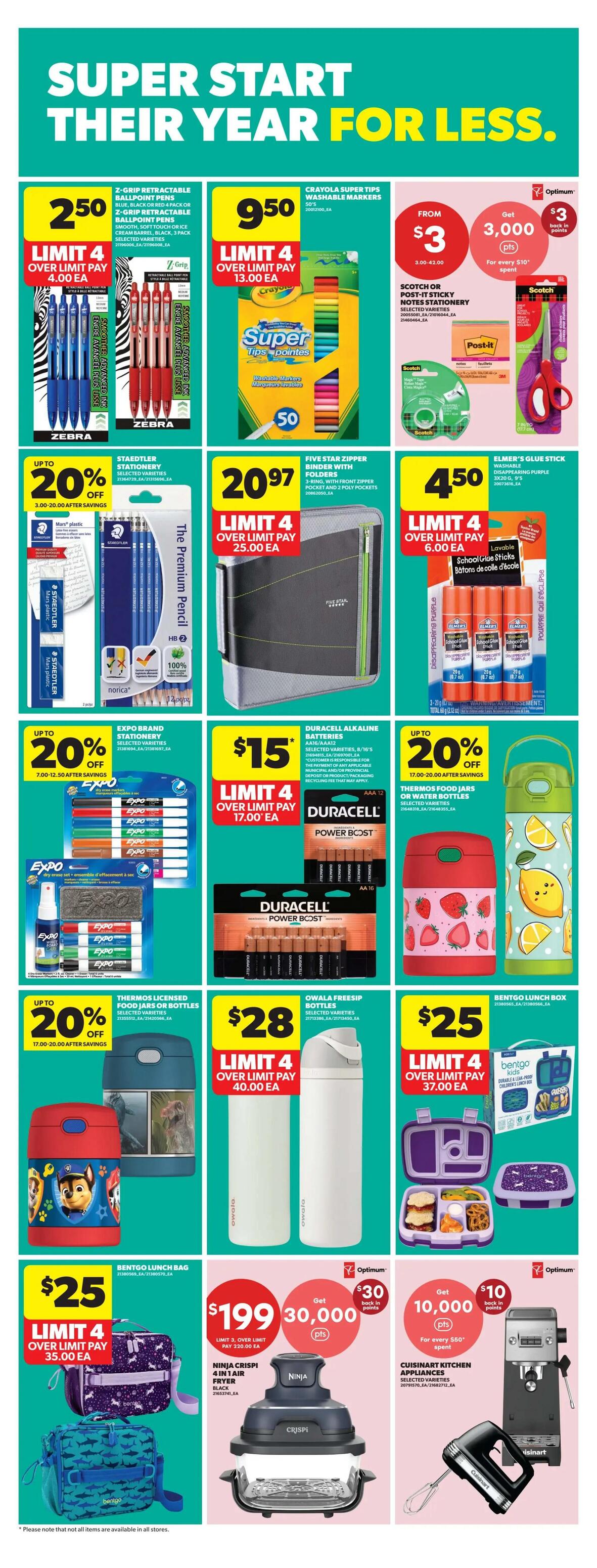 Real Canadian Superstore weekly flyer specials, Page 33. Featuring back-to-school and kitchen essentials. Deals include Zebra Z-Grip Retractable Ballpoint Pens for $2.50, Crayola Super Tips Washable Markers (50 count) for $9.50, and Scotch or Post-it Sticky Notes Stationery with a 'Get $3 back in Optimum Points' offer when you spend $10. Staedtler Stationery is up to 20% off. Five Star Binder with Zipper for $20.97. Elmer's Glue Sticks for $4.50. Expo Brand Stationery is up to 20% off. Duracell Alkaline Batteries are $15. Owala Freesip Bottles are $28. Bentgo Lunch Boxes are $25. Thermos Licensed Food Jars or Bottles are also available. Kitchen appliances include the Ninja Crispi 4-in-1 Air Fryer in black for $199 with a 'Get 30,000 Optimum Points' offer (limit 3, pay $220.00 ea), and Cuisinart Kitchen Appliances with a 'Get 10,000 Optimum Points' offer for every $50 spent. Please note that not all items are available in all stores.