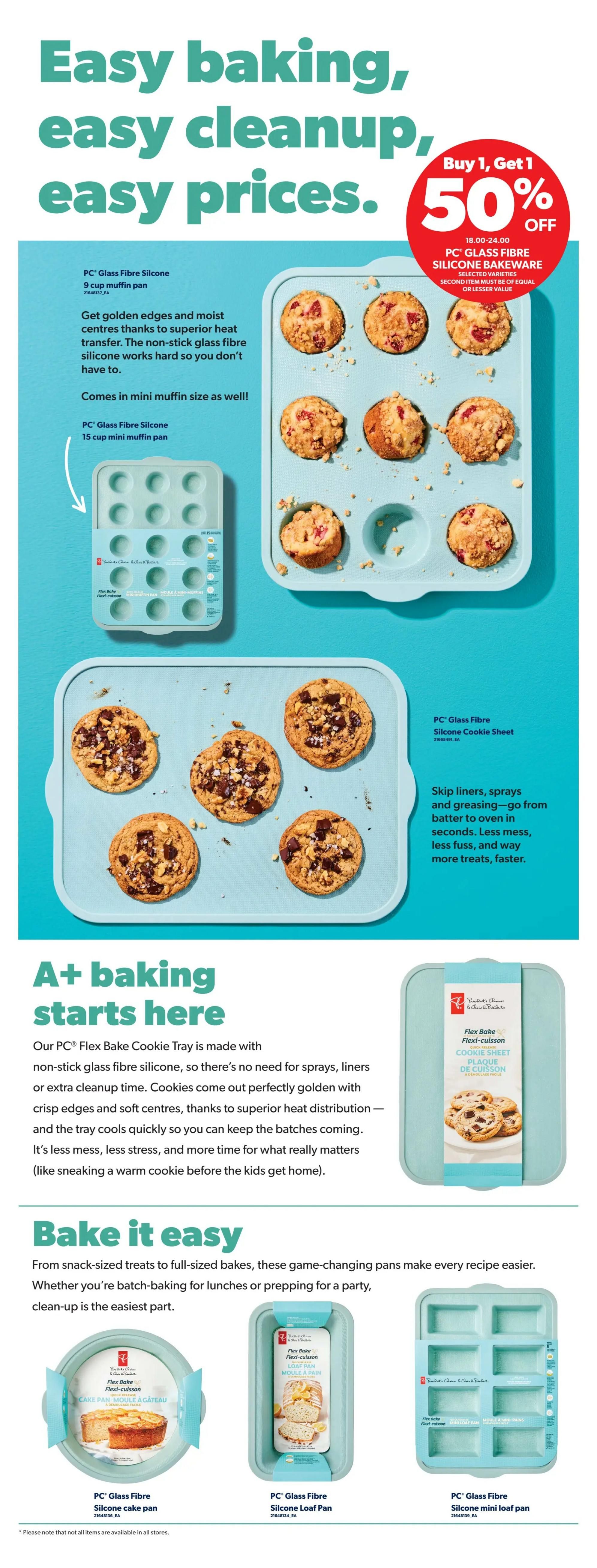 Real Canadian Superstore weekly flyer specials, page 35. Features PC Glass Fibre Silicone bakeware with a Buy 1, Get 1 50% off offer on selected varieties. Products include a PC Glass Fibre Silicone 9 cup muffin pan and a PC Glass Fibre Silicone 15 cup mini muffin pan. Also showcased is the PC Flex Bake Cookie Tray, made with non-stick glass fibre silicone for easy cleanup and superior heat distribution. Additional items include a PC Glass Fibre Silicone Cake Pan, a PC Glass Fibre Silicone Loaf Pan, and a PC Glass Fibre Silicone Mini Loaf Pan. The page highlights easy baking, easy cleanup, and easy prices.