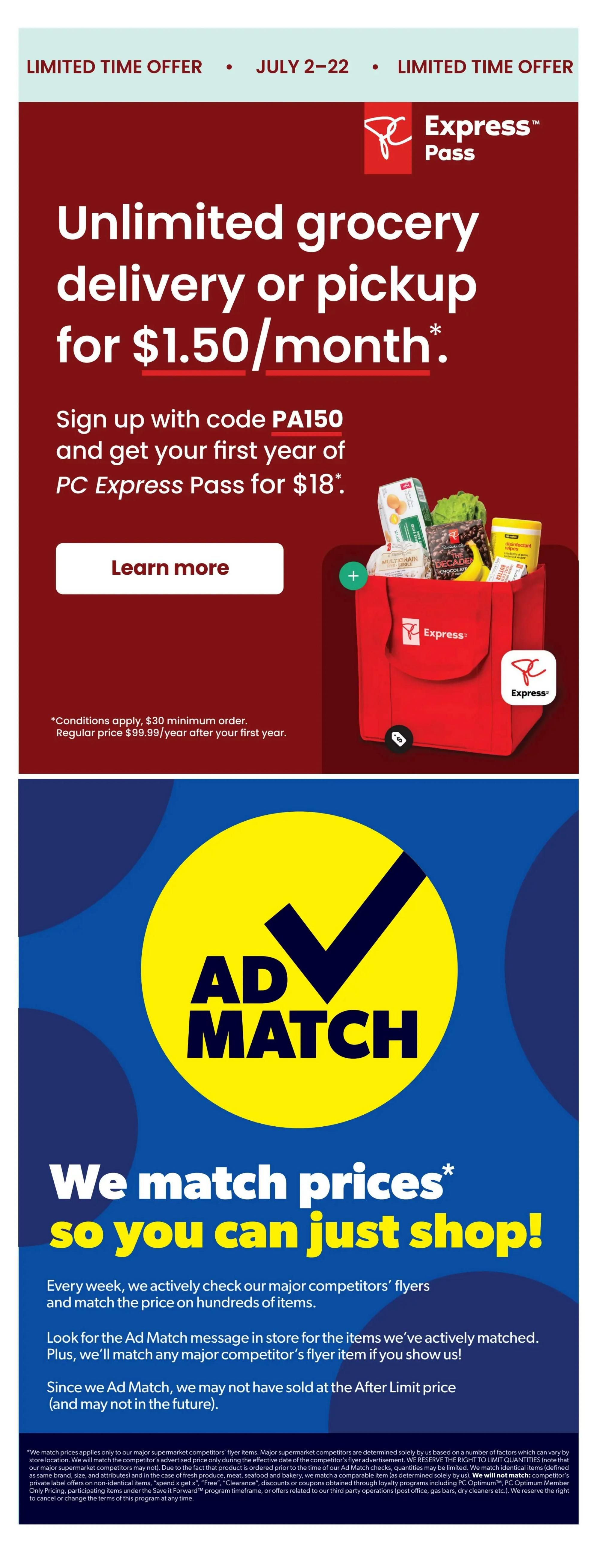 Real Canadian Superstore flyer page 38 featuring PC Express Pass promotions and Ad Match details. The top section highlights 'Unlimited grocery delivery or pickup for $1.50/month*' with a sign-up code PA150 for the first year of PC Express Pass for $18. A 'Learn more' button is visible. Conditions apply, including a $30 minimum order and a regular price of $99.99/year after the first year. The bottom section promotes 'Ad Match' with the slogan 'We match prices* so you can just shop!'. It explains that Real Canadian Superstore actively checks competitors' flyers and matches prices on hundreds of items. Customers are encouraged to look for the Ad Match message in store and can also bring in competitor flyers for price matching. The fine print details the conditions and limitations of the Ad Match program.
