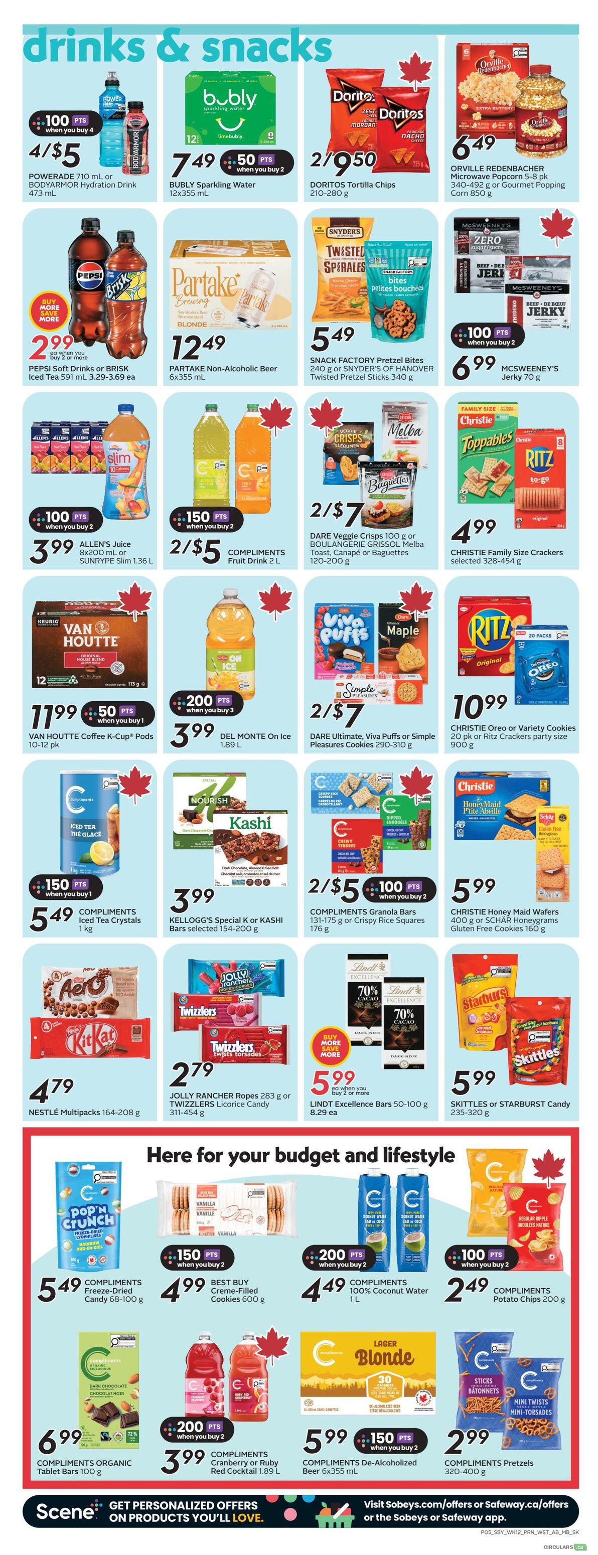 Safeway Alberta weekly flyer specials, page 8, featuring drinks and snacks. Offers include Powerade 710 mL or Bodyarmor Hydration Drink 473 mL for 4/$5, Bubly Sparkling Water 12x355 mL for 7.49 with 50 pts when you buy 2, Doritos Tortilla Chips 210-280 g for 2/$9.50, and Orville Redenbacher Microwave Popcorn 5-8 pk for 6.49. Also featured are Pepsi Soft Drinks or Brisk Iced Tea 591 mL for 2.99 when you buy 2 or more, Partake Non-Alcoholic Beer 6x355 mL for 12.49, Snack Factory Pretzel Bites 240 g or Snyder's of Hanover Twisted Pretzel Sticks 340 g for 5.49, and McSweeny's Jerky 70 g for 6.99 with 100 pts when you buy 2. Other deals include Allen's Juice 8x200 mL or Sunrype Slim 1.36 L for 3.99 with 100 pts when you buy 2, Compliments Fruit Drink 2 L for 2/$5 with 150 pts when you buy 2, Dare Veggie Crisps 100 g or Boulangerie Grissol Melba Toast, Canapé or Baguettes 120-200 g for 2/$7. Christie Family Size Crackers selected 328-454 g for 4.99. Van Houtte Coffee K-Cup Pods 10-12 pk for 11.99 with 50 pts when you buy 1. Del Monte On Ice 1.89 L for 3.99 with 200 pts when you buy 3. Dare Ultimate, Viva Puffs or Simple Pleasures Cookies 290-310 g for 2/$7. Christie Oreo or Variety Cookies 20 pk or Ritz Crackers party size 900 g for 10.99. Compliments Iced Tea Crystals 1 kg for 5.49 with 150 pts when you buy 1. Kellogg's Special K or Kashi Bars selected 154-200 g for 3.99. Compliments Granola Bars 131-175 g or Crispy Rice Squares 176 g for 2/$5 with 100 pts when you buy 2. Christie Honey Maid Wafers 400 g or Schar Honeygrams Gluten Free Cookies 160 g for 5.99. Nestlé Multipacks 164-208 g for 4.79. Jolly Rancher Ropes 283 g or Twizzlers Licorice Candy 311-454 g for 2.79. Lindt Excellence Bars 50-100 g for 5.99 when you buy 2 or more. Skittles or Starburst Candy 235-320 g for 5.99. Compliments Freeze-Dried Candy 68-100 g for 5.49. Best Buy Creme-Filled Cookies 600 g for 4.99 with 150 pts when you buy 2. Compliments 100% Coconut Water 1 L for 4.49 with 200 pts when you buy 2. Compliments Potato Chips 200 g for 2.49 with 100 pts when you buy 2. Compliments Organic Tablet Bars 100 g for 6.99. Compliments Cranberry or Ruby Red Cocktail 1.89 L for 3.99 with 200 pts when you buy 2. Compliments De-Alcoholized Beer 6x355 mL for 5.99 with 150 pts when you buy 2. Compliments Pretzels 320-400 g for 2.99.
