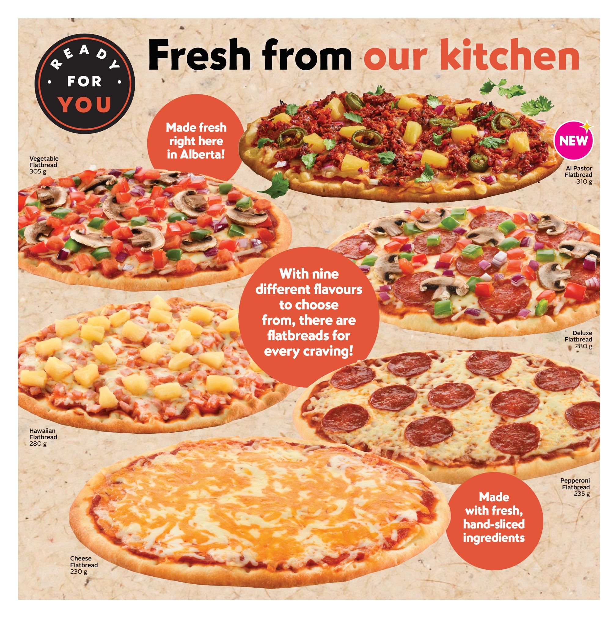 Safeway flyer page featuring a variety of fresh flatbread pizzas made in Alberta. Options include Vegetable Flatbread (305 g), Hawaiian Flatbread (280 g), Cheese Flatbread (230 g), Deluxe Flatbread (280 g), and a new Al Pastor Flatbread (310 g). The page highlights that there are nine different flavours available, made with fresh, hand-sliced ingredients.