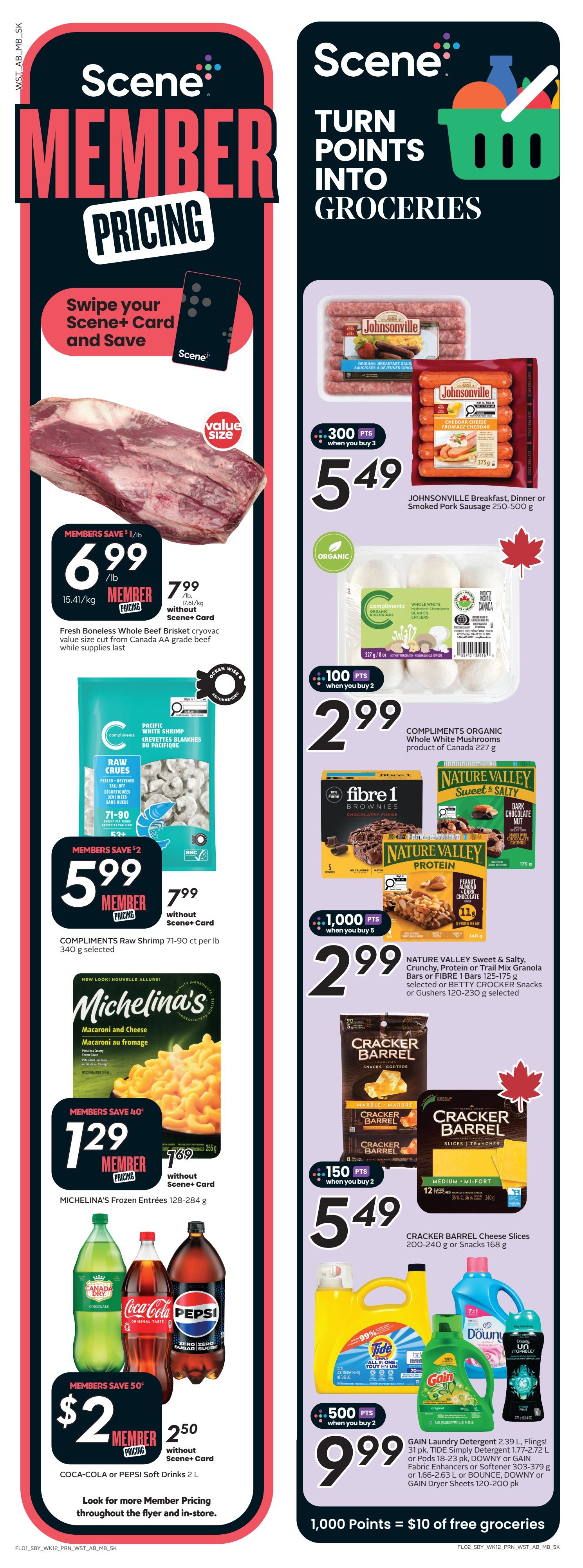 Safeway Manitoba weekly flyer specials, page 2. Scene+ Member Pricing is featured. Fresh Boneless Whole Beef Brisket cryovac value size cut from Canada AA grade beef is $6.99/lb member price, or $7.99/lb without Scene+ Card. Compliments Raw Shrimp 71-90 ct per lb, 340 g selected, is $5.99 member price, or $7.99 without Scene+ Card. Michelina's Frozen Entrees 128-284 g are $1.29 member price, or $1.69 without Scene+ Card. Coca-Cola or Pepsi Soft Drinks 2 L are $2.00 member price, or $2.50 without Scene+ Card. On the right side, Johnsonville Breakfast, Dinner or Smoked Pork Sausage 250-500 g is $5.49 when you buy 3 and get 300 Scene+ Points. Compliments Organic Whole White Mushrooms product of Canada 227 g is $2.99 when you buy 2 and get 100 Scene+ Points. Nature Valley Sweet & Salty, Crunchy, Protein or Trail Mix Granola Bars or Fibre 1 Bars 125-175 g, or Betty Crocker Gushers 120-230 g selected, are $2.99 when you buy 5 and get 1,000 Scene+ Points. Cracker Barrel Cheese Slices 200-240 g or Snacks 168 g are $5.49 when you buy 2 and get 150 Scene+ Points. Gain Laundry Detergent 2.39 L, Flings! 31 pk, Tide Simply Detergent 1.77-2.72 L or Pods 18-23 pk, Downy or Gain Fabric Enhancers or Softener 303-379 g or 1.66-2.63 L or Bounce, Downy or Gain Dryer Sheets 120-200 pk are $9.99 when you buy 2 and get 500 Scene+ Points. 1,000 Scene+ Points equals $10 of free groceries.