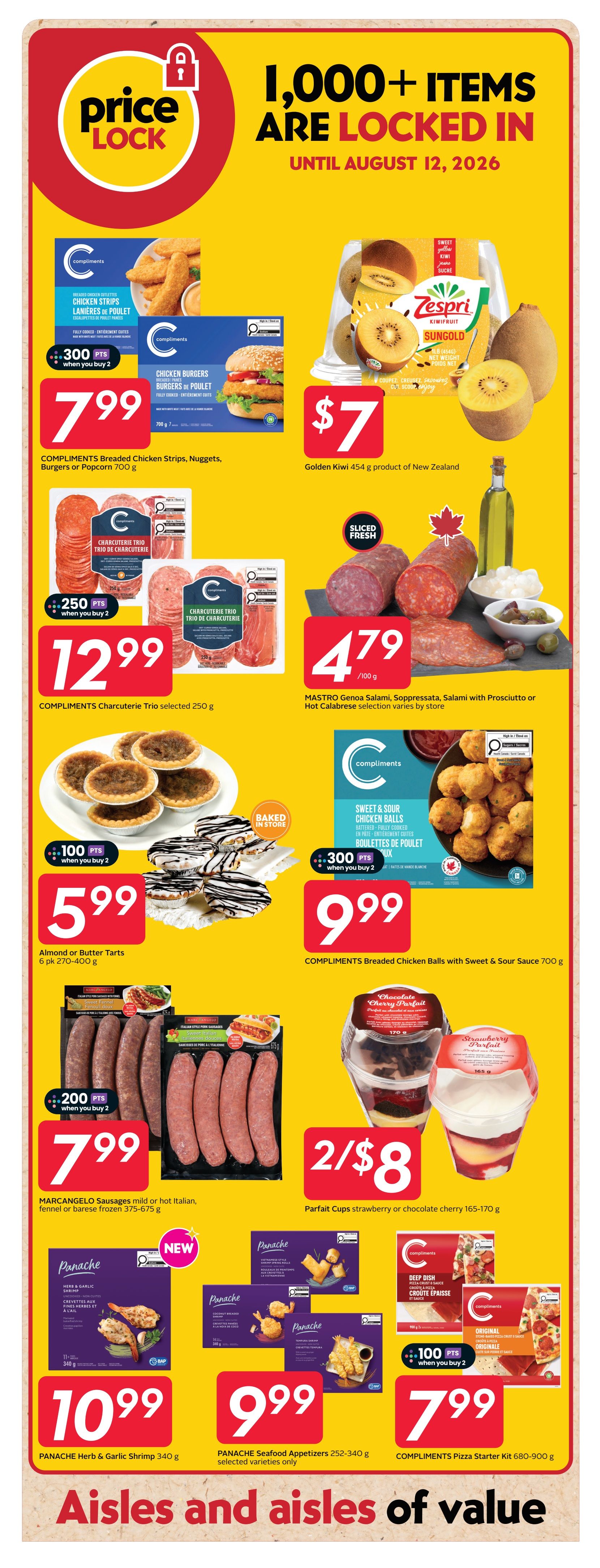 Safeway weekly flyer specials page 17 features a 'Price Lock' promotion with over 1,000 items locked in until August 12, 2026. Featured products include COMPLIMENTS Breaded Chicken Strips, Nuggets, Burgers or Popcorn for $7.99, with 300 bonus points when you buy 2. Zespri Sungold Golden Kiwi is available for $7 per 454g product. COMPLIMENTS Charcuterie Trio selected is priced at $12.99, with 250 bonus points when you buy 2. MASTRO Genoa Salami, Soppressata, Salami with Prosciutto or Hot Calabrese selection varies by store and is $4.79 per 100g. Baked in store, Almond or Butter Tarts (6 pk) are $5.99, with 100 bonus points when you buy 2. COMPLIMENTS Breaded Chicken Balls with Sweet & Sour Sauce (700g) are $9.99, with 300 bonus points when you buy 2. MARCHANGELO Sausages mild or hot Italian, fennel or barese frozen (375-675g) are $7.99, with 200 bonus points when you buy 2. Parfait Cups strawberry or chocolate cherry (165-170g) are 2 for $8. New Panache Herb & Garlic Shrimp (340g) is $10.99. Panache Seafood Appetizers (252-340g) selected varieties are $9.99. COMPLIMENTS Pizza Starter Kit (680-900g) is $7.99, with 100 bonus points when you buy 2.