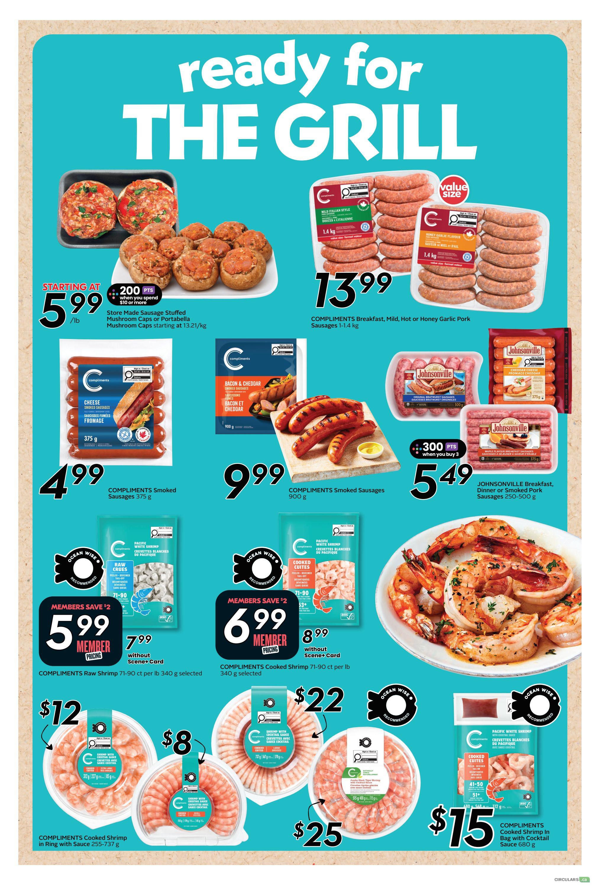 Safeway Manitoba weekly flyer specials page 20 features 'Ready for The Grill' theme. Starting at $5.99/lb for store-made sausage stuffed mushroom caps or portabella. Compliments Breakfast, Mild, Hot or Honey Garlic Pork Sausages are $13.99 for 1-1.4 kg value size packages. Compliments Smoked Sausages 375 g are $4.99. Compliments Smoked Sausages 900 g are $9.99. Johnsonville Breakfast, Dinner or Smoked Pork Sausages 250-500 g are $5.49 when you buy 3 and get 300 bonus points. Compliments Raw Shrimp 71-90 ct per lb, 340 g selected, is $5.99 for members (save $2) or $7.99 without Scene+ card. Compliments Cooked Shrimp 71-90 ct per lb, 340 g selected, is $6.99 for members (save $2) or $8.99 without Scene+ card. Large cooked shrimp platter is shown. Compliments Cooked Shrimp in Ring with Sauce 255-737 g is $12. Compliments Cooked Shrimp with Cocktail Sauce 515 g is $22. Compliments Cooked Shrimp in Bag with Cocktail Sauce 680 g is $15.