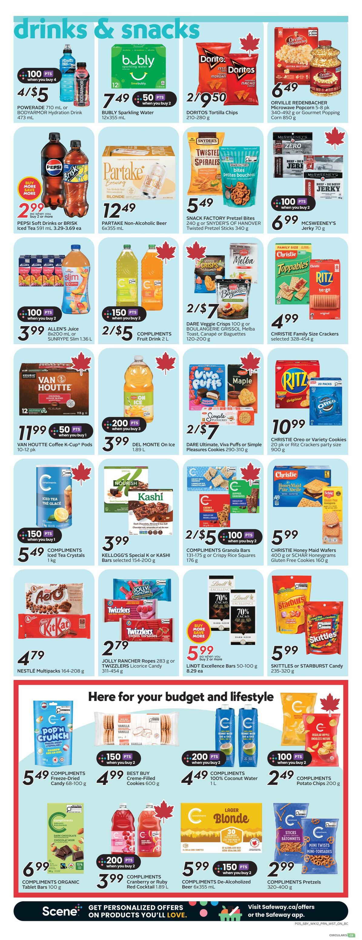 Safeway weekly flyer specials page 8 features a variety of drinks and snacks. Powerade or Bodyarmor Hydration Drink is 4 for $5. Bubly Sparkling Water is $7.49 with 50 bonus points when you buy 2. Doritos Tortilla Chips are 2 for $5.50. Orville Redenbacher Microwave Popcorn is $6.49. Pepsi Soft Drinks or Brisk Iced Tea is $2.99 when you buy 2 or more. Partake Non-Alcoholic Beer is $12.49. Snack Factory Pretzel Bites or Snyder's of Hanover Twisted Pretzel Sticks are $5.49. McSweeney's Jerky is $6.99 with 100 bonus points when you buy 2. Allen's Juice is $3.99 with 100 bonus points when you buy 2. Compliments Fruit Drink is 2 for $5 with 150 bonus points when you buy 2. Dare Veggie Crisps or Boulangerie Grissol Melba Toast, Canapé or Baguettes are 2 for $7. Christie Family Size Crackers are $4.99. Van Houtte Coffee K-Cup Pods are $11.99 with 50 bonus points when you buy 1. Del Monte on Ice is $3.99. Dare Ultimate, Viva Puffs or Simple Pleasures Cookies are 2 for $7. Christie Oreo or Variety Cookies or Ritz Crackers party size are $10.99. Compliments Iced Tea Crystals are $5.49 with 150 bonus points when you buy 1. Kellogg's Special K or Kashi Bars are $3.99. Compliments Granola Bars or Crispy Rice Squares are 2 for $5 with 100 bonus points when you buy 2. Christie Honey Maid Wafer Bars or Schar Honeygrams Gluten Free Cookies are $5.99. Nestle Multipacks are $4.79. Jolly Rancher Ropes or Twizzlers Licorice Candy are $2.79. Lindt Excellence Bars are 2 for $5.99 when you buy 2 or more. Skittles or Starburst Candy are $5.99. Compliments Freeze-Dried Candy is $5.49. Best Buy Creme-Filled Cookies are $4.99. Compliments 100% Coconut Water is $4.49. Compliments Potato Chips are $2.49 when you buy 2. Compliments Organic Tablet Bars are $6.99. Compliments Cranberry or Ruby Red Cocktail is $3.99 with 200 bonus points when you buy 2. Compliments De-Alcoholized Beer is $5.99 with 150 bonus points when you buy 2. Compliments Pretzels are $2.99.