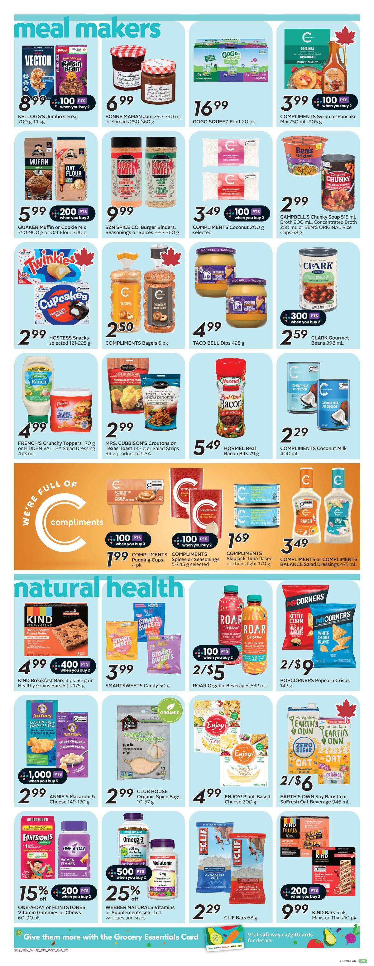 Safeway weekly flyer specials page 10 features 'meal makers' and 'natural health' sections. Meal makers include Kellogg's Jumbo Cereal for $8.99, Bonne Maman Jam for $6.99, Gogo Squeez Fruit 20 pk for $16.99, and Compliments Syrup or Pancake Mix for $3.99. Also featured are Quaker Muffin or Cookie Mix for $5.99, Szn Spice Co. Burger Binders for $9.99, Compliments Coconut 200g for $3.49, Campbell's Chunky Soup for $2.99, and Clark Gourmet Beans for $2.59. Hostess Snacks are $2.99, Compliments Bagels are $2.50, Taco Bell Dips are $4.99, Mrs. Cubbison's Croutons or Texas Toast for $2.99, Hormel Real Bacon Bits for $5.49, and Compliments Coconut Milk for $2.29. The 'Compliments' brand offers Pudding Cups for $1.99, Spices or Seasonings for $1.99, Skipjack Tuna for $1.69, and Balance Salad Dressings for $3.49. The 'natural health' section includes Kind Breakfast Bars for $4.99, SmartSweets Candy for $3.99, Roar Organic Beverages 2/$5, and Popcorners Popcorn Crisps 2/$9. Annie's Macaroni & Cheese is $2.99, Club House Organic Spice Bags are $2.99, and Enjoy! Plant-Based Cheese is $4.99. Earth's Own Soy Barista or SoFresh Oat Beverage is 2/$6. Also available are One-A-Day or Flintstones Vitamin Gummies or Chews at 15% off, Webber Naturals Vitamins or Supplements at 25% off, and Clif Bars for $2.29. Kind Bars 5 pk are $9.99. The page also promotes the Grocery Essentials Card.