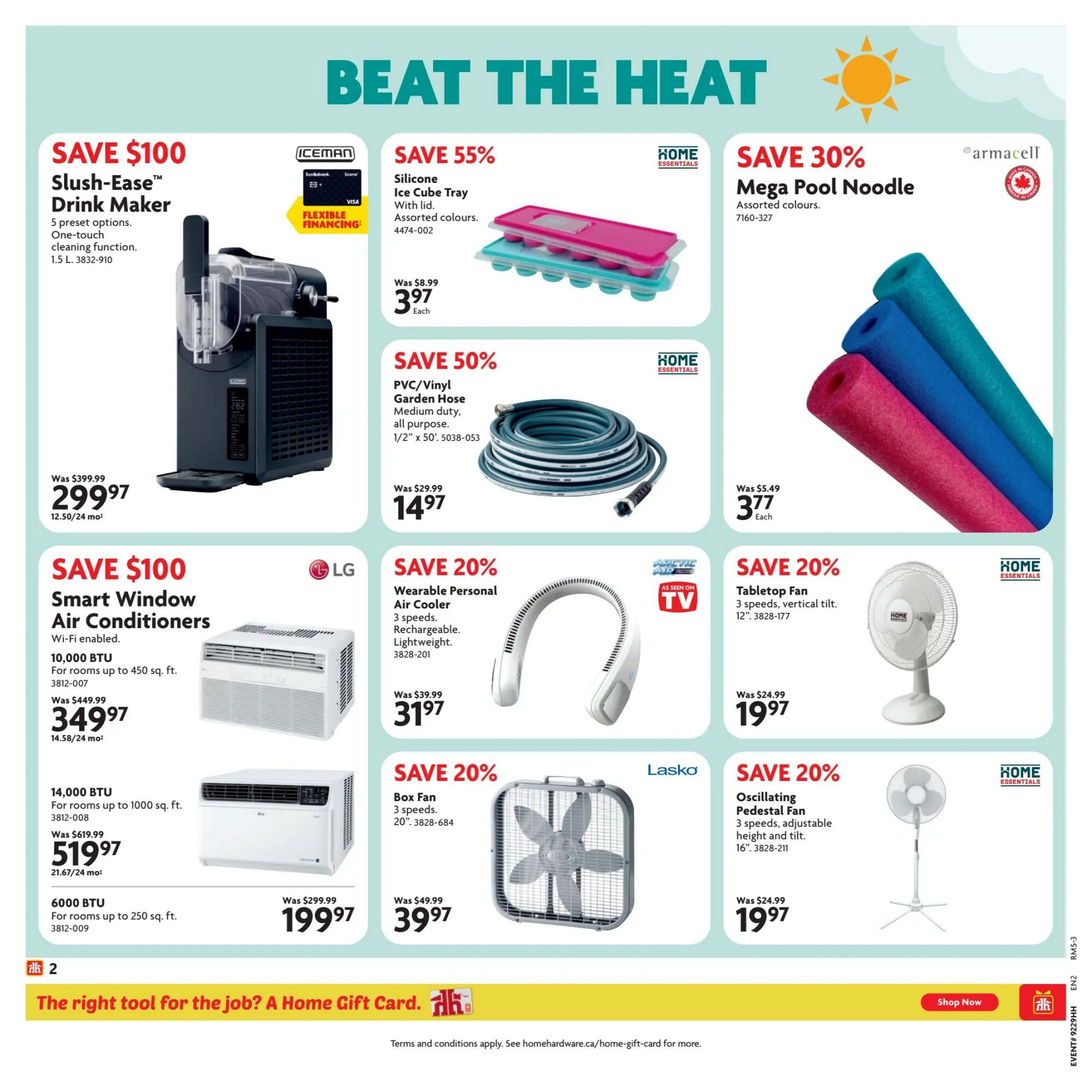 Home Hardware flyer page 3 features 'Beat the Heat' specials. Save $100 on the Slush-Ease Drink Maker, now $299.97. Save 55% on Silicone Ice Cube Trays for $3.97 each. Get 30% off Mega Pool Noodles for $3.77. Save $100 on LG Smart Window Air Conditioners (10,000 BTU) for $349.97 and 6000 BTU models for $199.97. Save 50% on PVC/Vinyl Garden Hoses (1/2' x 50') for $14.97. Save 20% on Wearable Personal Air Coolers for $31.97. Save 20% on Lasko Box Fans (20') for $39.97 and Oscillating Pedestal Fans (16') for $19.97. The bottom banner promotes 'The right tool for the job? A Home Gift Card.' with a 'Shop Now' button.