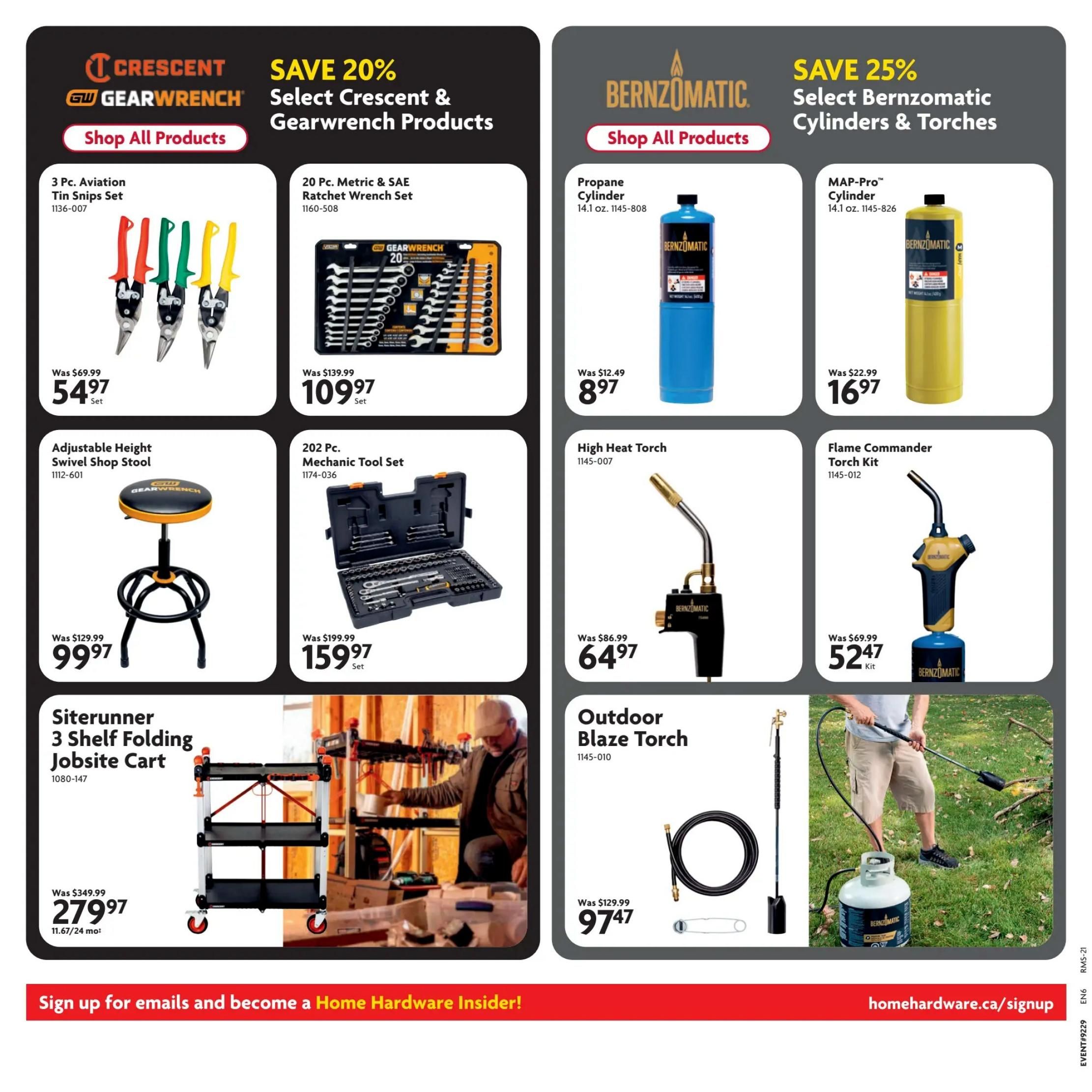 Home Hardware flyer specials page 18 featuring tools and equipment. Save 20% on select Crescent & Gearwrench products, including a 3 Pc. Aviation Tin Snips Set for $54.97 (was $69.99), and a 20 Pc. Metric & SAE Ratchet Wrench Set for $109.97 (was $139.99). Also available is an Adjustable Height Swivel Shop Stool for $99.97 (was $129.99) and a 202 Pc. Mechanic Tool Set for $159.97 (was $199.99). Save 25% on select Bernzomatic cylinders & torches. Featured items include a Propane Cylinder for $8.97 (was $12.49), a MAP-Pro Cylinder for $16.97 (was $22.99), a High Heat Torch for $64.97 (was $86.99), a Flame Commander Torch Kit for $52.47 (was $69.99), and an Outdoor Blaze Torch for $97.47 (was $129.99). Additionally, a Siterunner 3 Shelf Folding Jobsite Cart is on sale for $279.97 (was $349.99). Sign up for emails to become a Home Hardware Insider at homehardware.ca/signup.