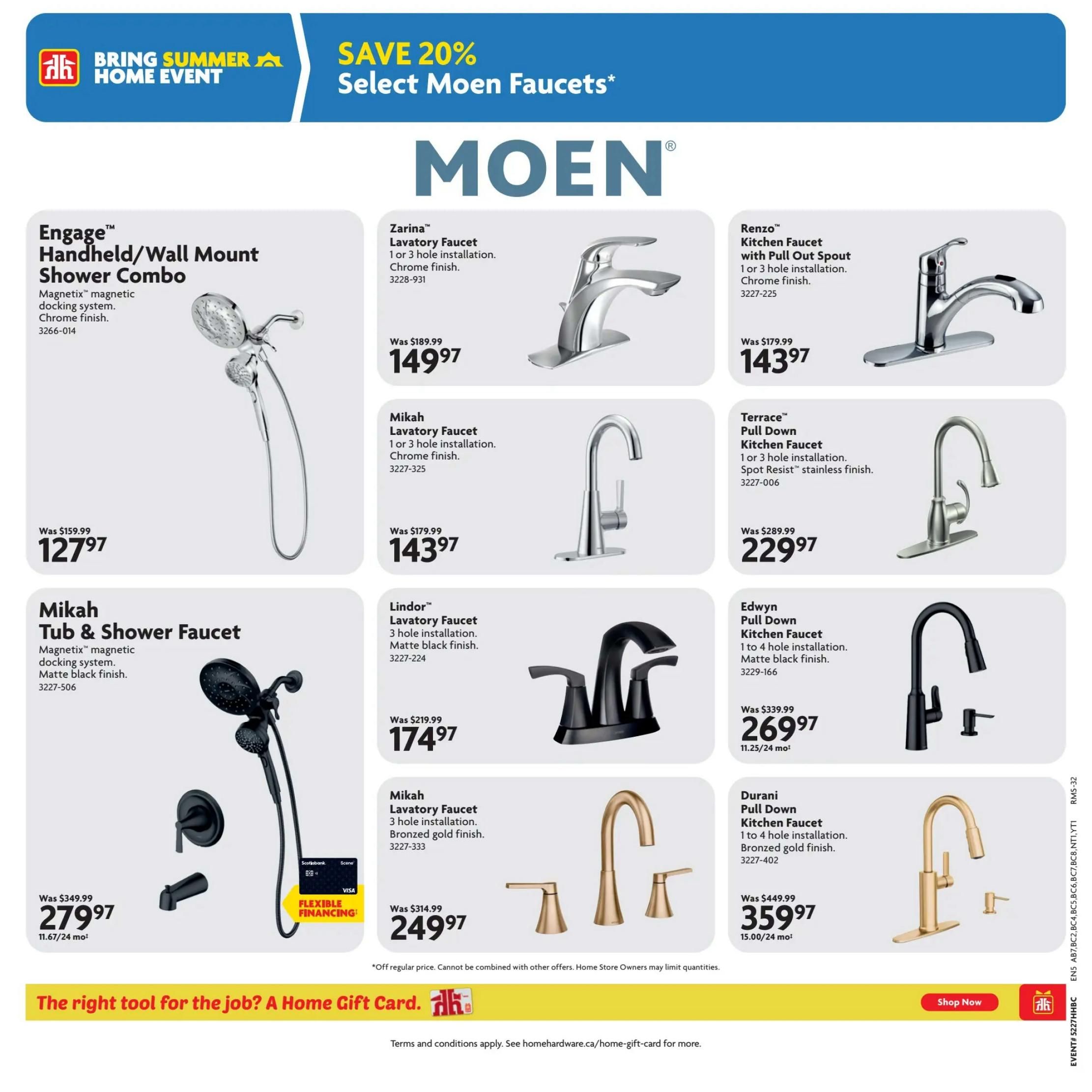 Home Hardware flyer specials page 21 featuring Moen faucets and shower combos. Save 20% on select Moen faucets. Featured products include the Engage™ Handheld/Wall Mount Shower Combo with Magnetix™ magnetic docking system in chrome finish for $127.97 (was $159.99), and the Mikah Tub & Shower Faucet with Magnetix™ magnetic docking system in matte black finish for $279.97 (was $349.99). Faucets on sale include the Zarina™ Lavatory Faucet in chrome finish for $149.97 (was $189.99), Mikah Lavatory Faucet in chrome finish for $143.97 (was $179.99), Lindor™ Lavatory Faucet in matte black finish for $174.97 (was $219.99), Mikah Lavatory Faucet in bronzed gold finish for $249.97 (was $314.99), Renzo™ Kitchen Faucet with Pull Out Spout in chrome finish for $143.97 (was $179.99), Terrace™ Pull Down Kitchen Faucet in Spot Resist™ stainless finish for $229.97 (was $289.99), Edwyn Pull Down Kitchen Faucet in matte black finish for $269.97 (was $339.99), and Durani Pull Down Kitchen Faucet in bronzed gold finish for $359.97 (was $449.99). Flexible financing options are available. The page also promotes Home Gift Cards.