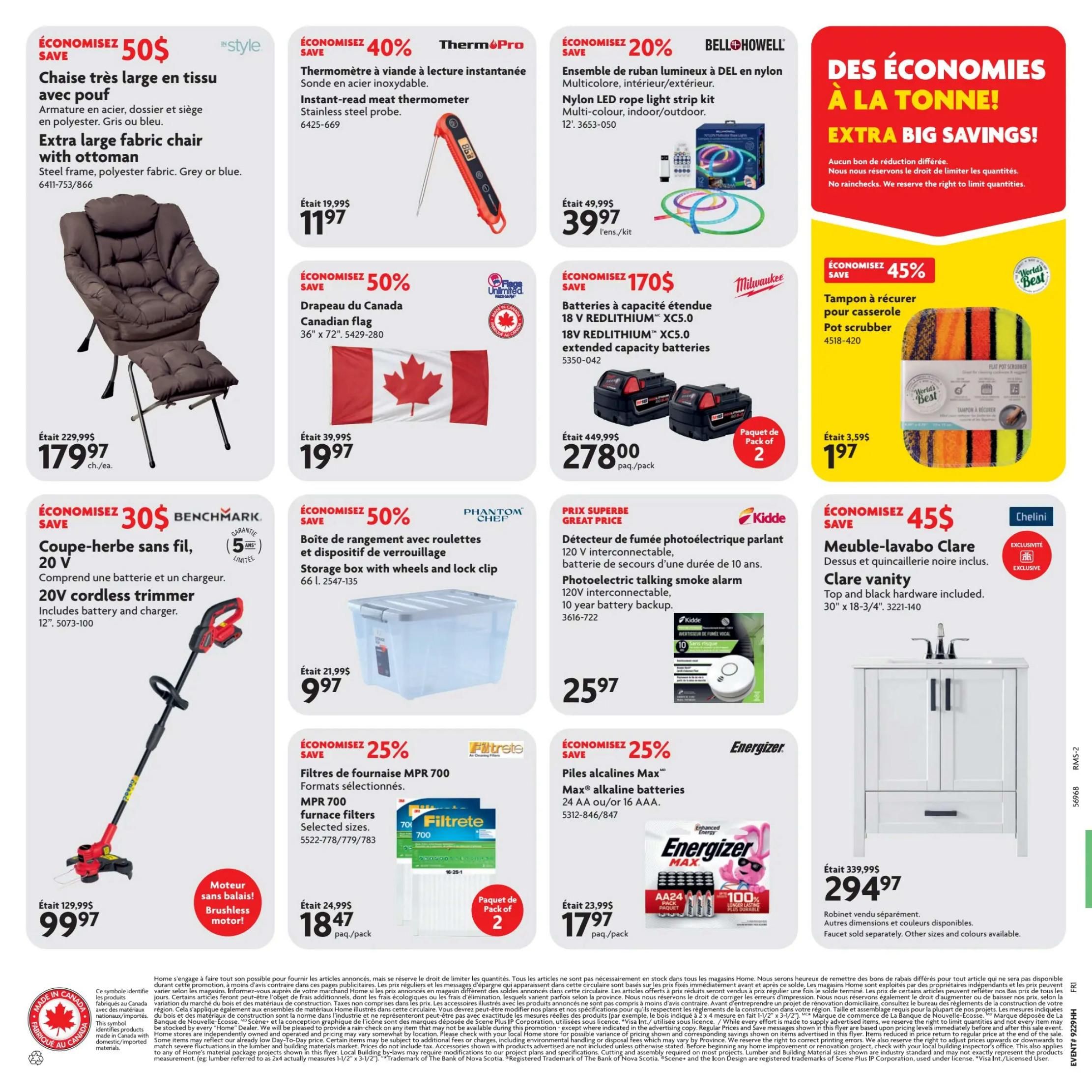 Home Hardware flyer page 2 features an extra-large fabric chair with ottoman for $179.97, originally $229.99. Also available is a ThermoPro instant-read meat thermometer for $11.97, down from $19.99. A Canadian flag is on sale for $19.97, originally $39.99. Milwaukee 18V REDLITHIUM XC5.0 extended capacity batteries are $278.00 per pack of 2, a $170 savings. A 12' multicolor LED rope light strip kit is $39.97, down from $49.99. A World's Best Flat Pot Scrubber is $1.97, with a 45% saving. A Benchmark 20V cordless trimmer, including battery and charger, is $99.97. A Phantom Chef 66 L storage box with wheels and lock clip is $9.97, down from $21.99. A Kidde photoelectric talking smoke alarm with 10-year battery backup is $25.97. Finally, a Chelini Clare vanity with top and black hardware is $294.97.