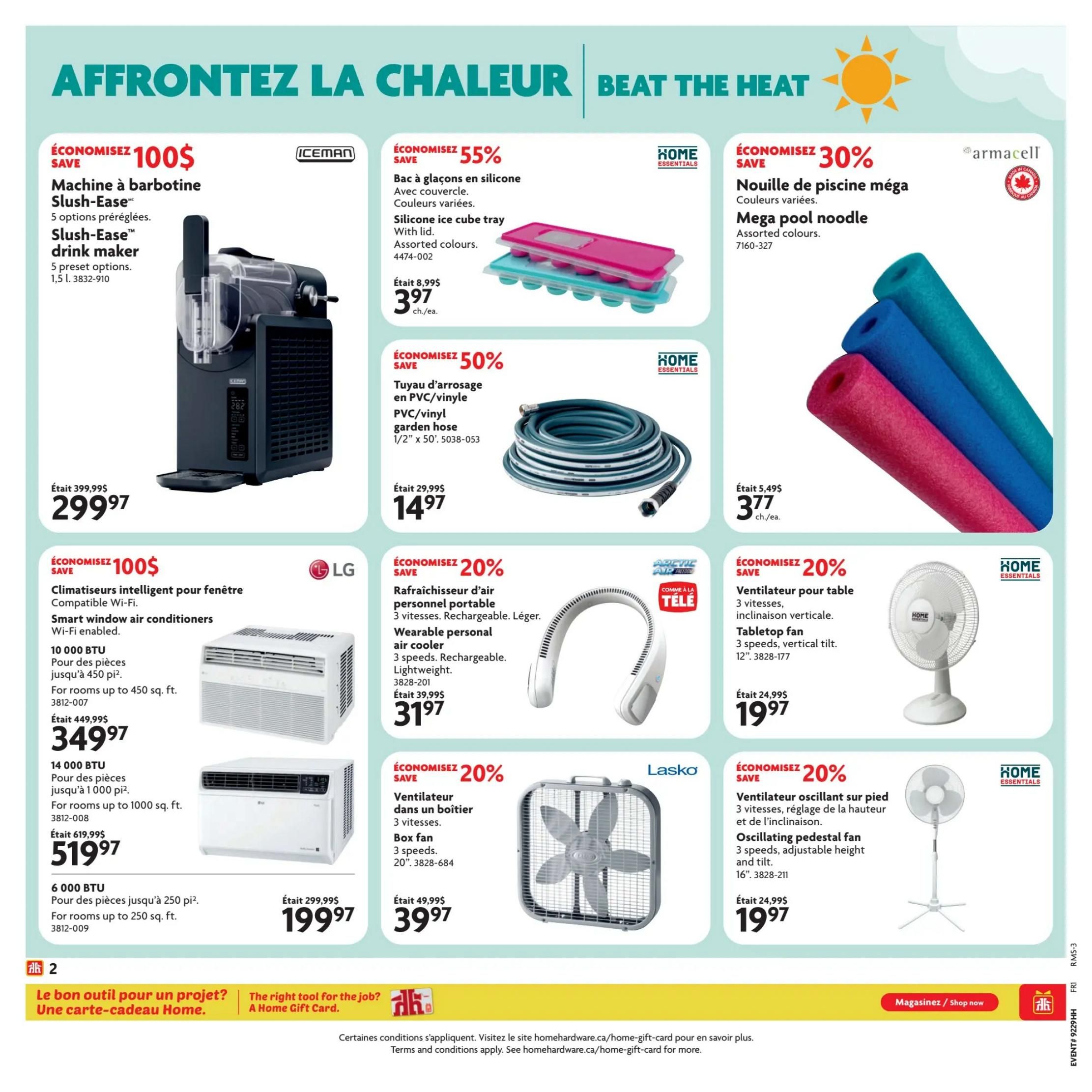 Home Hardware flyer page 3 features deals on summer essentials. Save $100 on the Slush-Ease drink maker, now $299.97. Save 55% on a silicone ice cube tray with lid, now $3.97. Save 30% on a Mega pool noodle in assorted colours, now $3.77. Save $100 on LG smart window air conditioners, Wi-Fi enabled, 10,000 BTU for up to 450 sq. ft. for $349.97, and 14,000 BTU for up to 1000 sq. ft. for $519.97. Also available is a 6,000 BTU unit for up to 250 sq. ft. for $199.97. Save 50% on a PVC/vinyl garden hose, 1/2' x 50', now $14.97. Save 20% on a wearable personal air cooler with 3 speeds, rechargeable and lightweight, now $31.97. Save 20% on a Lasko box fan, 20', 3 speeds, now $39.97. Save 20% on a Home Essentials oscillating pedestal fan, 16', 3 speeds, adjustable height and tilt, now $19.97. The bottom of the page promotes Home Gift Cards.