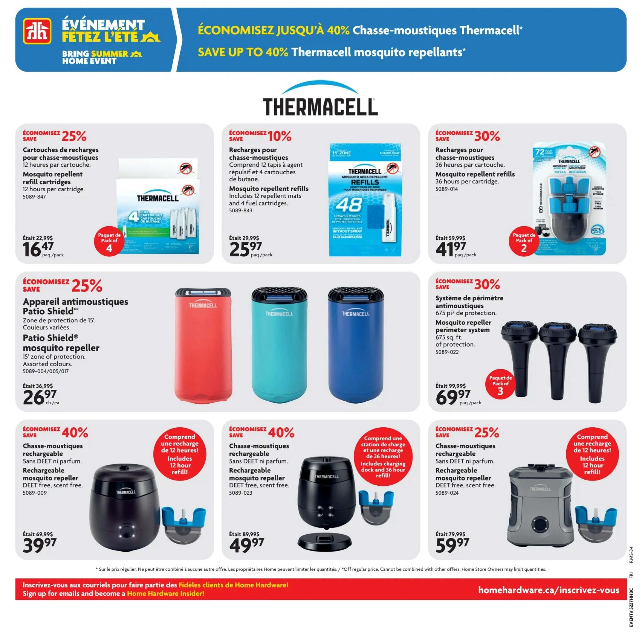 Home Hardware flyer page 7 features a 'Bring Summer Home Event' with savings up to 40% on Thermacell mosquito repellents. Offers include Thermacell mosquito repellent refills: 25% off 12-hour refills (4 pack) for $16.47, 10% off 12-hour refills (12 pack) for $25.97, and 30% off 36-hour refills (2 pack) for $41.97. Also available is the Thermacell Patio Shield mosquito repeller for $26.97, offering 15' zone of protection in assorted colours. The page also highlights Thermacell mosquito repeller perimeter systems at 30% off for $69.97, covering 675 sq. ft. Rechargeable mosquito repellents are on sale: 40% off DEET-free models for $39.97 (includes 12-hour refill) and $49.97 (includes 36-hour refill and charging dock). Another rechargeable model is 25% off for $59.97, including a 12-hour refill. The flyer also includes a sign-up prompt for Home Hardware Insider emails.
