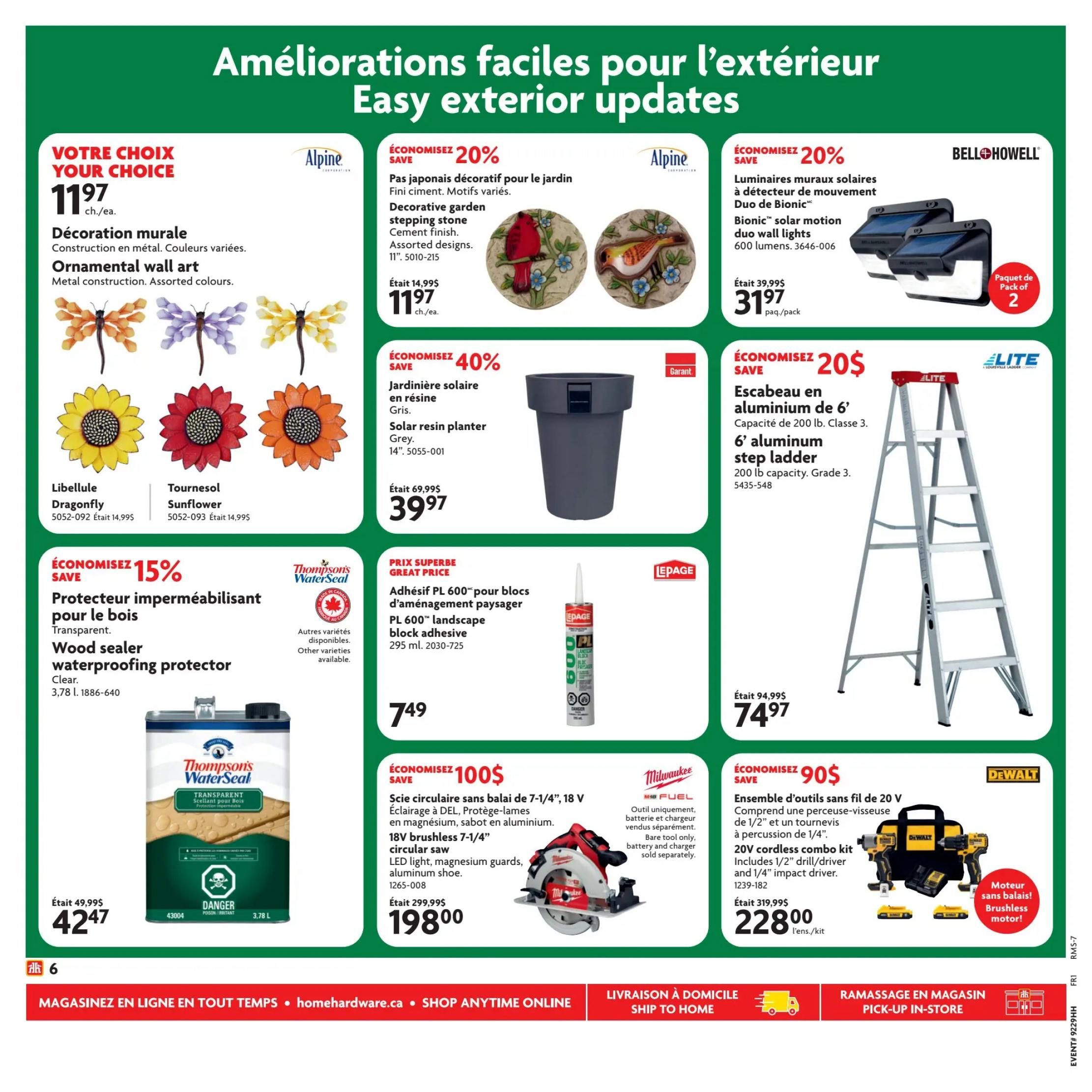 Home Hardware flyer page 9 features easy exterior updates. Your choice ornamental wall art is $11.97 each, available in assorted colours and metal construction. Decorative garden stepping stones with cement finish are 20% off, now $11.97, down from $14.99. Alpine solar resin planters in grey are 40% off, priced at $39.97, originally $69.99. Bell+Howell Bionic solar motion duo wall lights are 20% off, selling for $31.97 per pack, a saving of $8.00 from $39.99. Elite 6' aluminum step ladders with 200 lb capacity are $74.97, a $20 saving from $94.99. Thompson's WaterSeal wood sealer waterproofing protector in clear, 3.78 L, is on sale for $42.47, down from $49.99. LePage PL 600 landscape block adhesive, 295 mL, is a great price at $7.49. Milwaukee 18V brushless 7-1/4' circular saw with LED light and aluminum shoe is $100 off, now $198.00, down from $299.99. DeWalt 20V cordless combo kit with 1/2' drill/driver and 1/4' impact driver is $90 off, priced at $228.00 per kit, originally $319.99.99.99. Features include 'Shop Anytime Online' and 'Ship to Home' options.