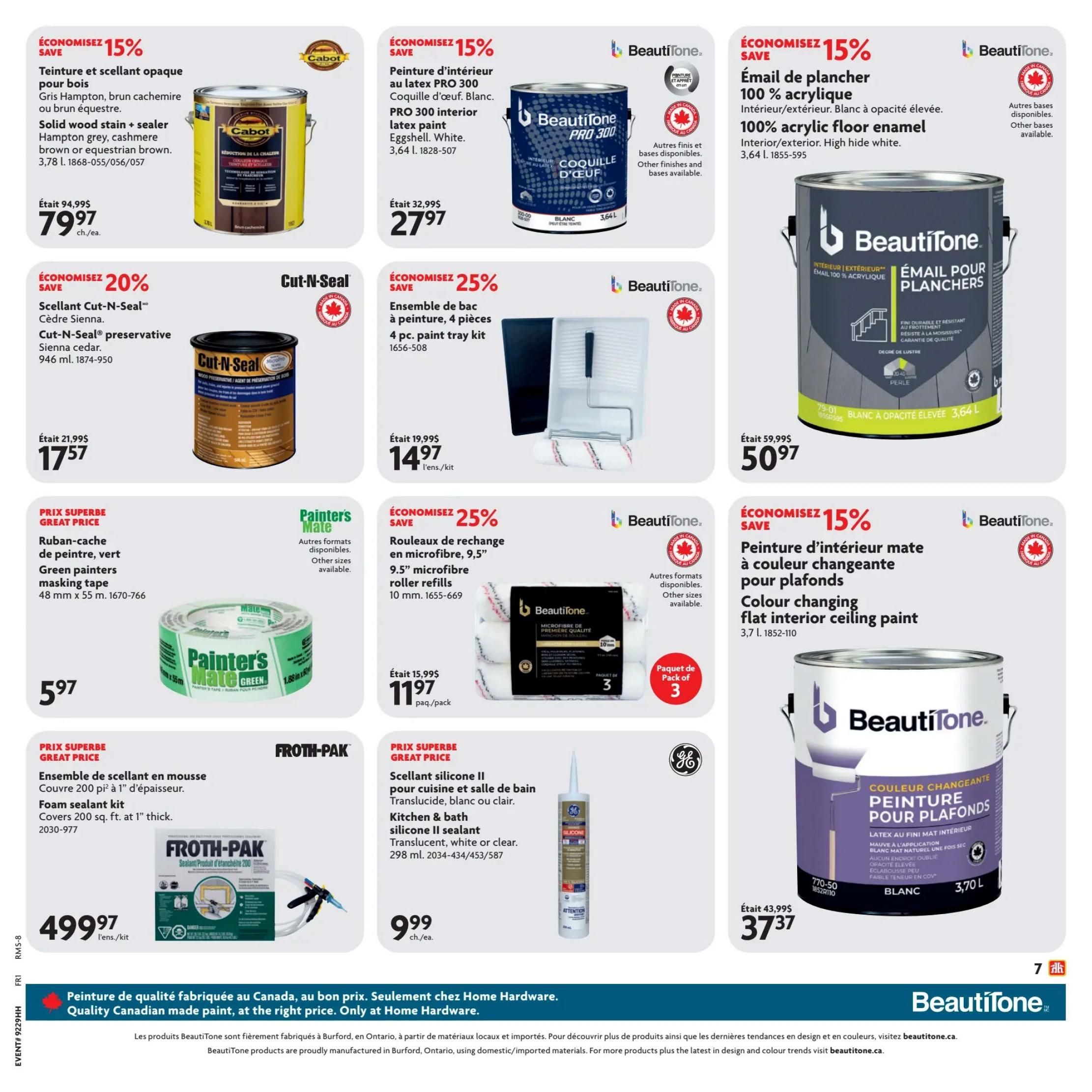Home Hardware flyer page 14 featuring various home improvement products. Save 15% on Cabot solid wood stain + sealer in Hampton grey, cashmere brown, or equestrian brown, originally $94.99, now $79.97. Save 20% on Cut-N-Seal preservative in Sienna cedar, 946 ml, reduced from $21.99 to $17.57. Save 15% on BeautiTone PRO 300 interior latex paint in Eggshell White, 3.64 L, on sale for $27.97. Save 15% on BeautiTone 100% acrylic interior/exterior floor enamel in high hide white, 3.64 L, priced at $50.97. Save 25% on a 4 pc. paint tray kit, 9.5' microfibre roller refills, 10 mm, now $11.97 per pack. Great Price on Painter's Mate green painters masking tape, 48 mm x 55 m, for $5.97. Great Price on Froth-Pak foam sealant kit that covers 200 sq. ft. at 1' thick, for $499.97 per kit. Save 25% on Kitchen & bath silicone II sealant (translucent, white or clear), 298 ml, for $9.99 each. Save 15% on BeautiTone colour changing flat interior ceiling paint, 3.70 L, on sale for $37.37.