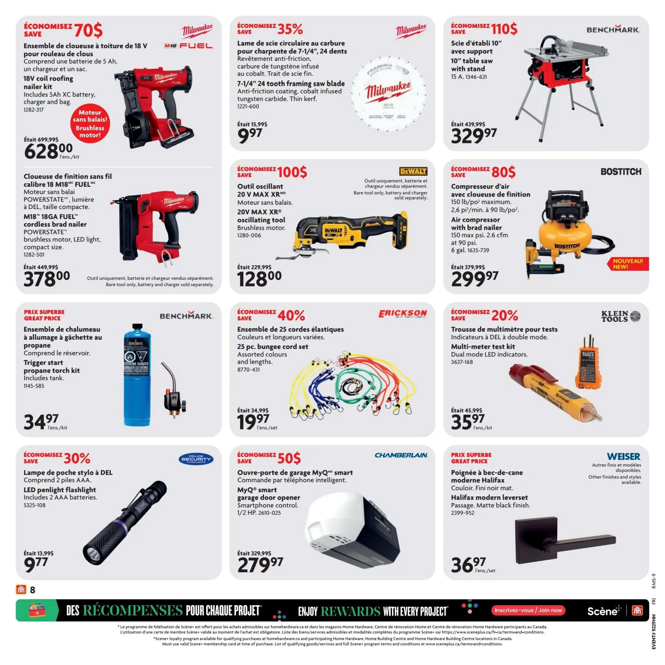 Home Hardware flyer page featuring various tools and home improvement items. Save $70 on a Milwaukee 18V M18 FUEL cordless coil roofing nailer, now $628.00. Save $35 on a Milwaukee 7-1/4' 24-tooth framing saw blade, now $9.97. Save $110 on a Benchmark 10' table saw with stand, now $329.97. Save $100 on a DeWalt 20V MAX XR oscillating tool (bare tool only), now $128.00. Save $80 on a Bostitch air compressor with brad nailer, 150 max psi, 2.6 cfm at 90 psi, 6 gal., now $299.97. Save $30% on a Milwaukee M18 18GA FUEL cordless brad nailer, now $378.00. Great Price on a Benchmark propane torch kit with tank, now $34.97. Save 40% on an Erickson 25 pc. bungee cord set in assorted colours and lengths, now $19.97. Save 20% on a Klein Tools multi-meter test kit with dual mode LED indicators, now $35.97. Save 30% on a Security LED penlight flashlight, includes 2 AAA batteries, now $9.77. Save $50 on a Chamberlain MyQ smart garage door opener, 1/2 HP, now $279.97. Weiser Halifax modern lever passage door handle in matte black finish, now $36.97. The bottom of the page highlights 'Enjoy Rewards with Every Project' and Scene+ loyalty program information.