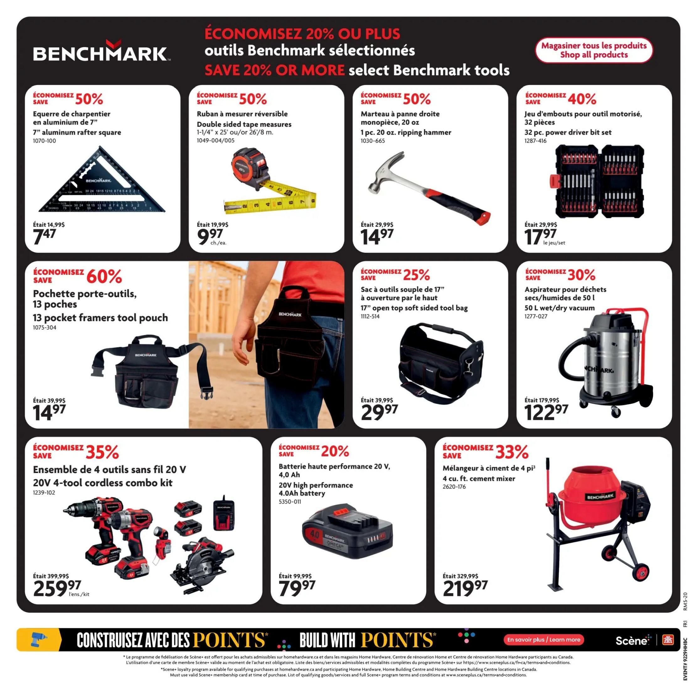 Home Hardware flyer page 17 featuring Benchmark tools with significant savings. Offers include a 7' aluminum rafter square for $7.47 (save 50%), a double-sided tape measure for $9.97 (save 50%), and a 1-piece 20 oz ripping hammer for $14.97 (save 50%). Also available is a 32-piece power driver bit set for $17.97 (save 40%). Additional deals feature a 13-pocket framers tool pouch for $14.97 (save 60%), a 17' open top soft sided tool bag for $29.97 (save 25%), and a 50 L wet/dry vacuum for $122.97 (save 30%). Power tool deals include a 20V 4-tool cordless combo kit for $259.97 (save 35%), a 20V 4.0Ah high performance battery for $79.97 (save 20%), and a 4 cu. ft. cement mixer for $219.97 (save 33%). The page also promotes the 'Construisez avec des points / Build with Points' loyalty program.
