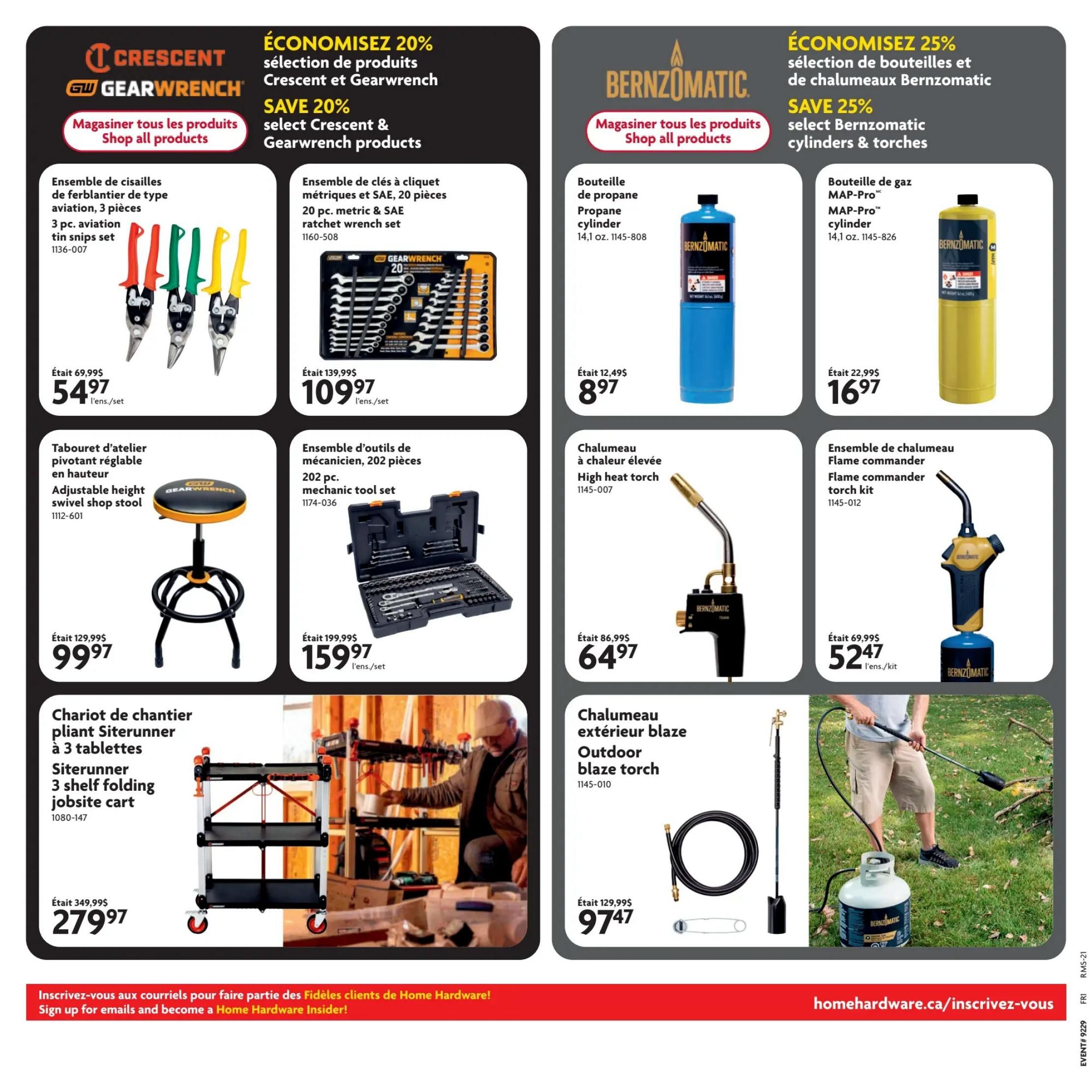 Home Hardware flyer specials page 18 features savings on Crescent, Gearwrench, and Bernzomatic products. Save 20% on select Crescent & Gearwrench tools, including a 3-piece aviation tin snips set for $54.97, a 20-piece metric & SAE ratchet wrench set for $109.97, and a 202-piece mechanic tool set for $159.97. Also available is an adjustable height swivel shop stool for $99.97 and a Siterunner 3-shelf folding jobsite cart for $279.97. Save 25% on select Bernzomatic cylinders & torches. Featured items include a propane cylinder for $8.97, a MAP-Pro cylinder for $16.97, a high heat torch for $64.97, a flame commander torch kit for $52.47, and an outdoor blaze torch for $97.47. Sign up for emails at hom hardware.ca/insrivez-vous to become a Home Hardware Insider.