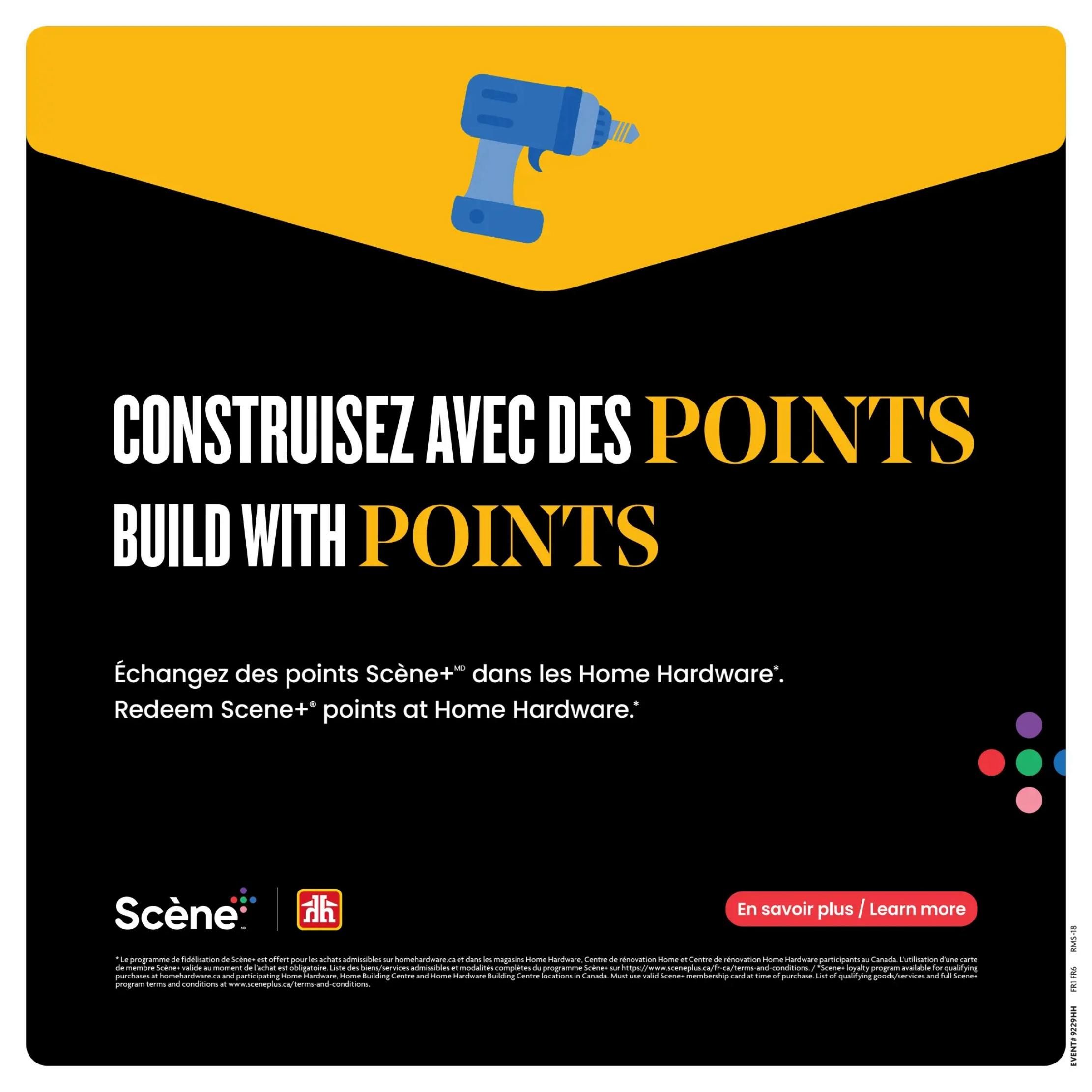 Home Hardware flyer page featuring a blue cordless drill illustration. The page headline reads 'CONSTRUISEZ AVEC DES POINTS BUILD WITH POINTS' in large white and yellow text. Below this, it states 'Échangez des points Scène+MD dans les Home Hardware. Redeem Scene+ points at Home Hardware.' The Scene+ logo and Home Hardware logo are displayed. A red button with white text says 'En savoir plus / Learn more'. Small print at the bottom details terms and conditions for the Scene+ loyalty program at Home Hardware, including a website address for program terms. This is page 19 of the Home Hardware flyer.