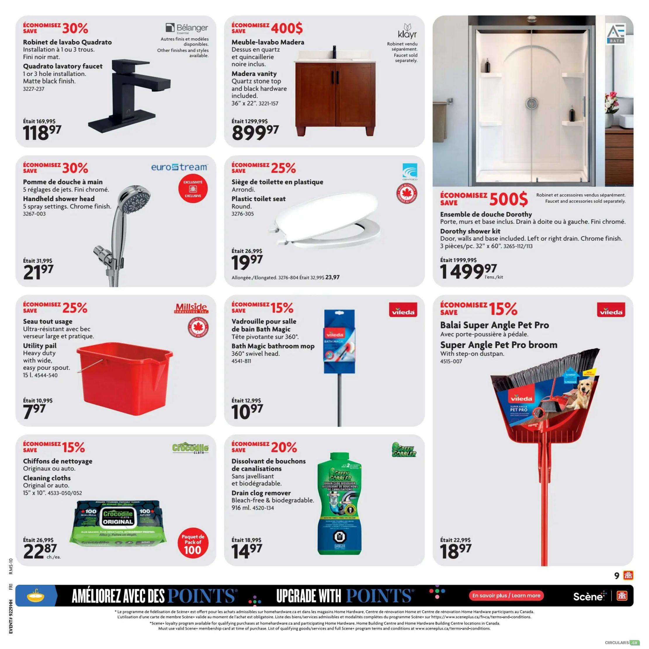 Home Hardware flyer page 20 features a Quadrato lavatory faucet in matte black finish, on sale for $118.97, saving 30%. A Eurostream handheld shower head with 5 spray settings in chrome finish is 30% off, priced at $21.97. A Madera vanity with a quartz stone top and black hardware is $899.97, a $400 saving. The Dorothy shower kit, including door, walls, and base with left or right drain in chrome finish, is $1499.97, saving $500. A round plastic toilet seat is 25% off, selling for $19.97. A Millside utility pail, heavy duty with a wide, easy pour spout, is 25% off at $7.97. A Vileda Bath Magic bathroom mop with a 360° swivel head is 15% off, priced at $10.97. Crocodile cleaning cloths, original or auto, 15' x 10', are 15% off, with a pack of 100 for $22.87. Green Gobbler drain clog remover, bleach-free and biodegradable, 916 ml, is 20% off at $14.97. The Vileda Super Angle Pet Pro broom with step-on dustpan is $18.97. The bottom of the page promotes 'Améliorez avec des points' / 'Upgrade with Points' loyalty program details.