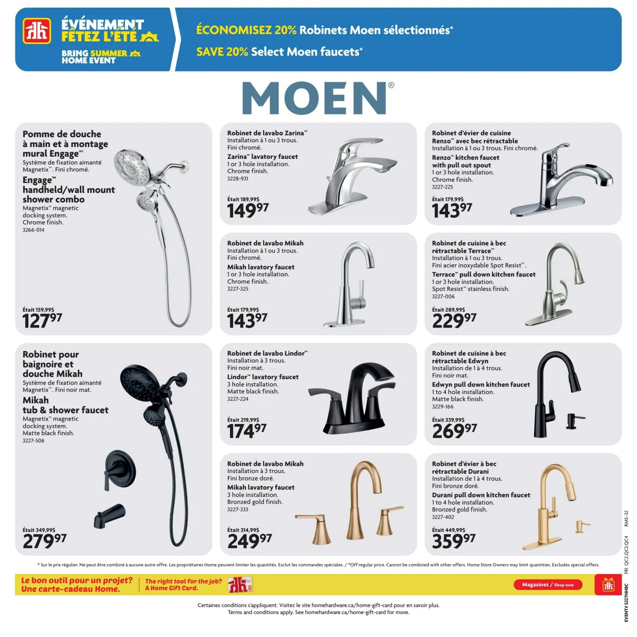 Home Hardware flyer specials page 21 featuring a 20% discount on select Moen faucets. Products include the Engage handheld/wall mount shower combo with magnetic docking system in chrome finish for $127.97, and the Mikah tub & shower faucet with magnetic docking system in matte black finish for $279.97. Faucets on sale are the Zarina lavatory faucet in chrome finish for $149.97, the Renzo kitchen faucet with pull-out spout in chrome finish for $143.97, the Mikah lavatory faucet in chrome finish for $143.97, the Lindor lavatory faucet in matte black finish for $174.97, the Terrace pull-down kitchen faucet with Spot Resist stainless finish for $229.97, the Edwyn pull-down kitchen faucet in matte black finish for $269.97, and the Durani pull-down kitchen faucet in bronzed gold finish for $359.97. A Home Gift Card is also advertised.