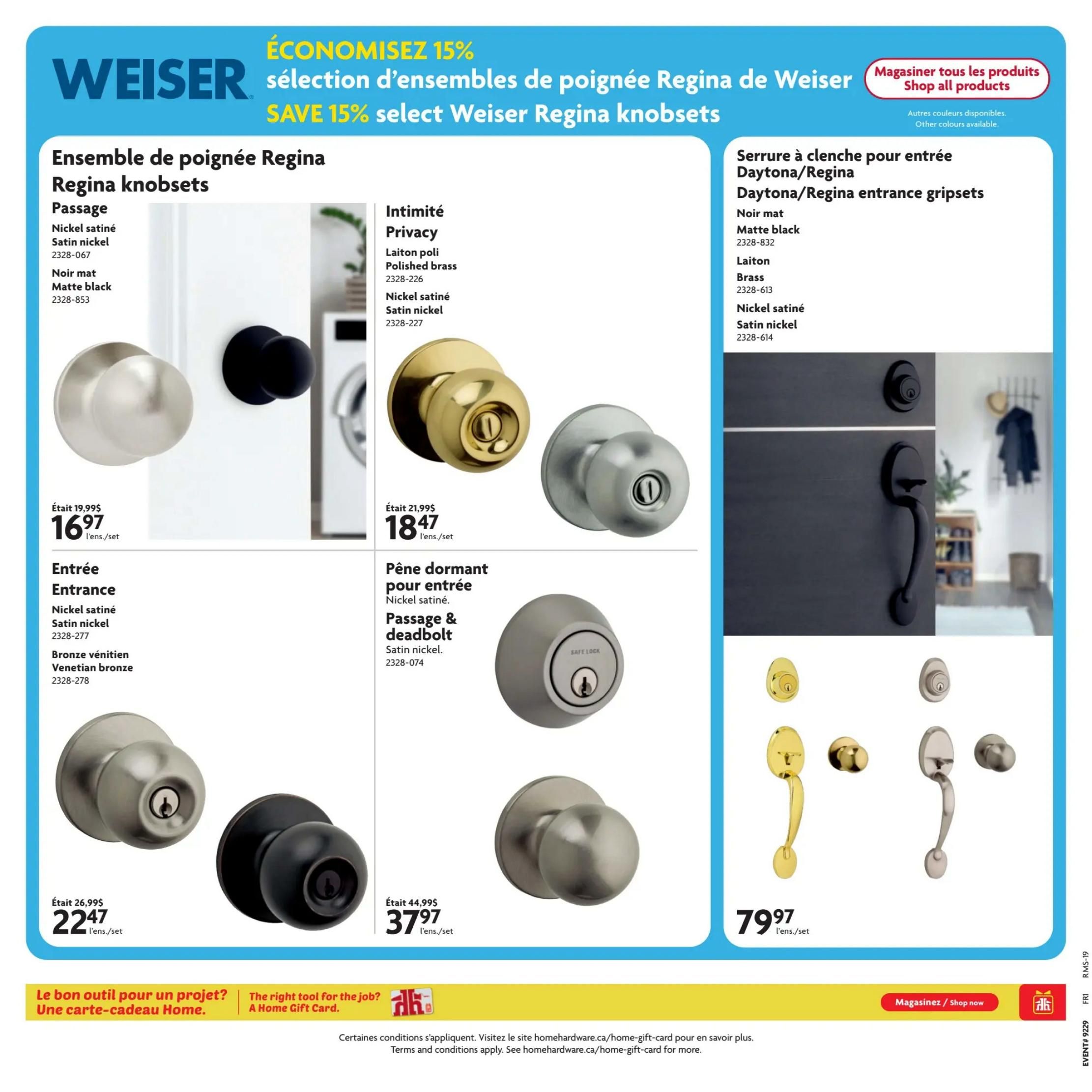 Home Hardware flyer page 23 featuring Weiser Regina knobsets with a 15% savings offer. Products include Passage knobsets in Matte black for $16.97 (originally $19.99) and Satin nickel for $22.47 (originally $26.99). Privacy knobsets are available in Polished brass for $18.47 (originally $21.99) and Satin nickel. A Satin nickel Passage & Deadbolt set is priced at $37.97 (originally $44.99). Daytona/Regina entrance grip sets are shown in Matte black, Brass, and Satin nickel finishes, priced at $79.97 per set. Other colours and products are available. A banner at the bottom promotes Home Gift Cards.