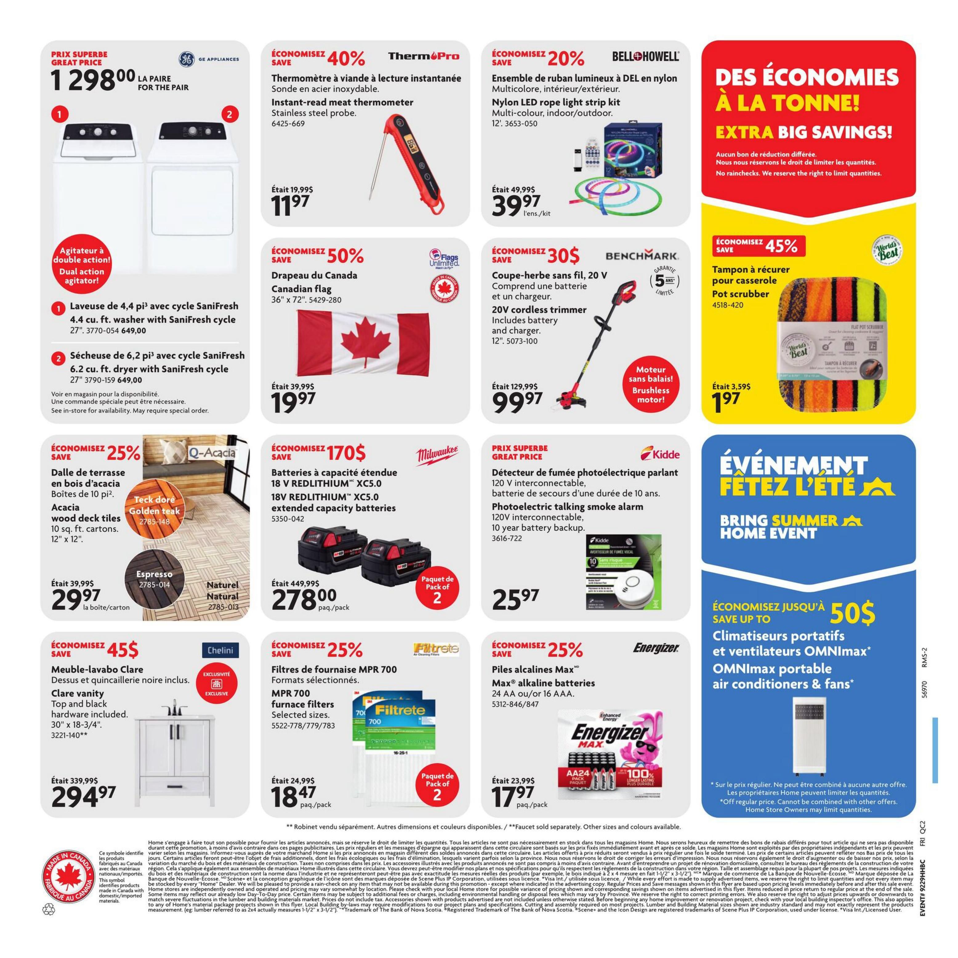 Home Hardware flyer page 2 features a GE Appliances washer and dryer pair for a super price of $1298.00. The washer is 4.4 cu. ft. with SaniFresh cycle, and the dryer is 6.2 cu. ft. with SaniFresh cycle. Also on sale is a ThermoPro Instant-read meat thermometer for $11.97, down from $19.99. Save 50% on a Canadian flag, 36' x 72', for $19.97. A 20V cordless trimmer with battery and charger is $99.97. Save 25% on Acacian wood deck tiles (Golden Teak, Espresso, Natural) at $29.97 per carton. Milwaukee 18V REDLITHIUM XC5.0 extended capacity batteries (2 pack) are $278.00, a saving of $170. A Kidde photoelectric talking smoke alarm with 10-year battery backup is $25.97. Save 45% on a pot scrubber for $1.97. The Clare vanity, top and black hardware included, 30' x 18-3/4', is $294.97, a saving of $45. Filtrete MPR 700 furnace filters (selected sizes) are $18.47 per pack of 2. Save 25% on Max alkaline batteries (AA or AAA) for $17.97. The 'Bring Summer Home' event features portable air conditioners and OMNImax portable air conditioners & fans with savings up to $50.