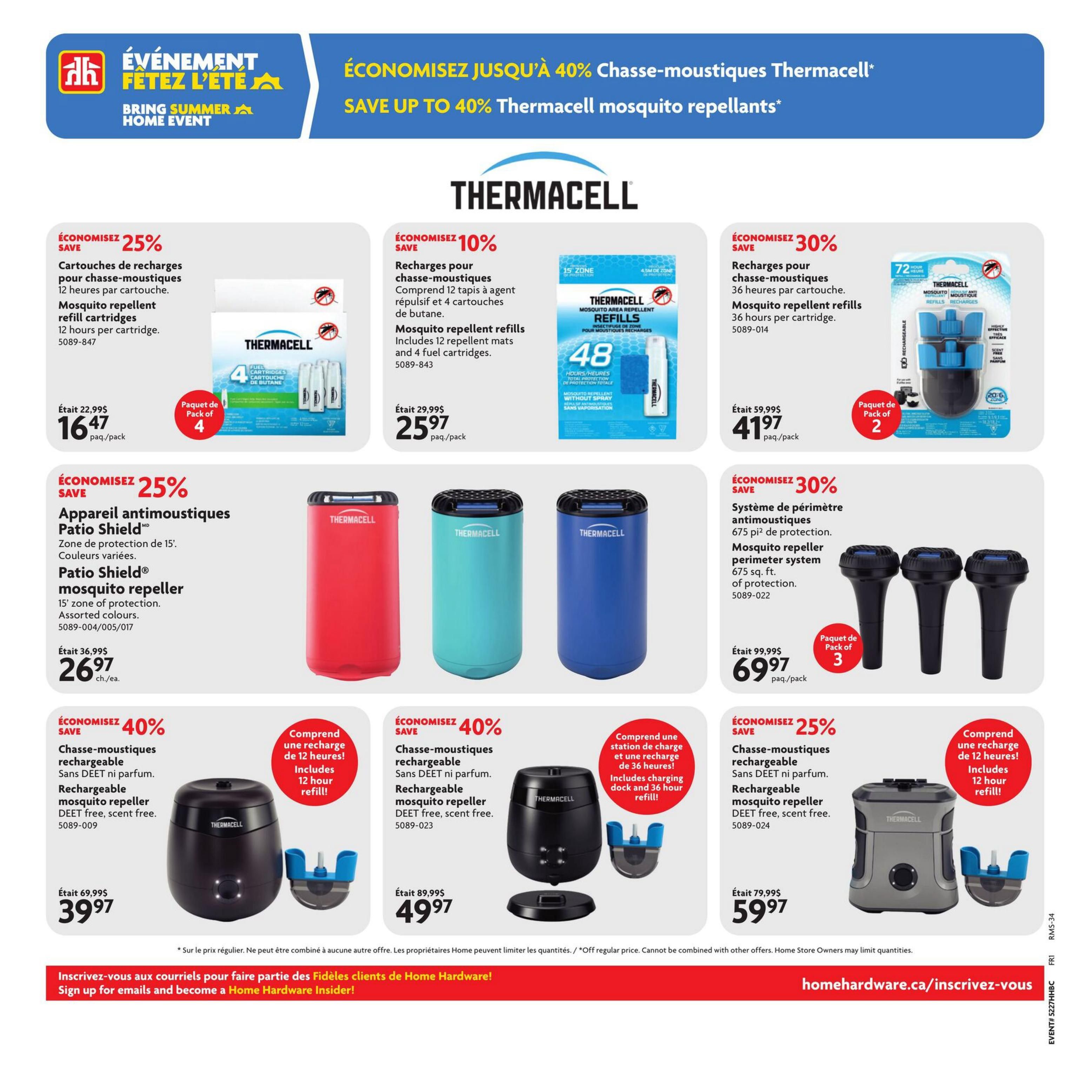 Home Hardware flyer page 7 features a 'Bring Summer Home Event' with savings up to 40% on Thermacell mosquito repellents. Offers include Thermacell mosquito repellent refill cartridges, 12 hours per cartridge, on sale for $16.47 (save 25%). Also available are refills including 12 repellent mats and 4 fuel cartridges for $25.97 (save 10%), and 36-hour refills for $41.97 (save 30%). The Thermacell Patio Shield mosquito repeller is available in assorted colours for $26.97 (save 25%). Rechargeable mosquito repellents are featured: DEET-free and scent-free models are on sale for $39.97 (save 40%) and $49.97 (save 40%), with one including a 36-hour refill. A Thermacell mosquito repeller perimeter system, covering 675 sq. ft., is priced at $69.97 (save 30%). Another rechargeable mosquito repeller with a 12-hour refill is available for $59.97 (save 25%). Sign up for emails to become a Home Hardware Insider at homedepot.ca/inscribe-vous.