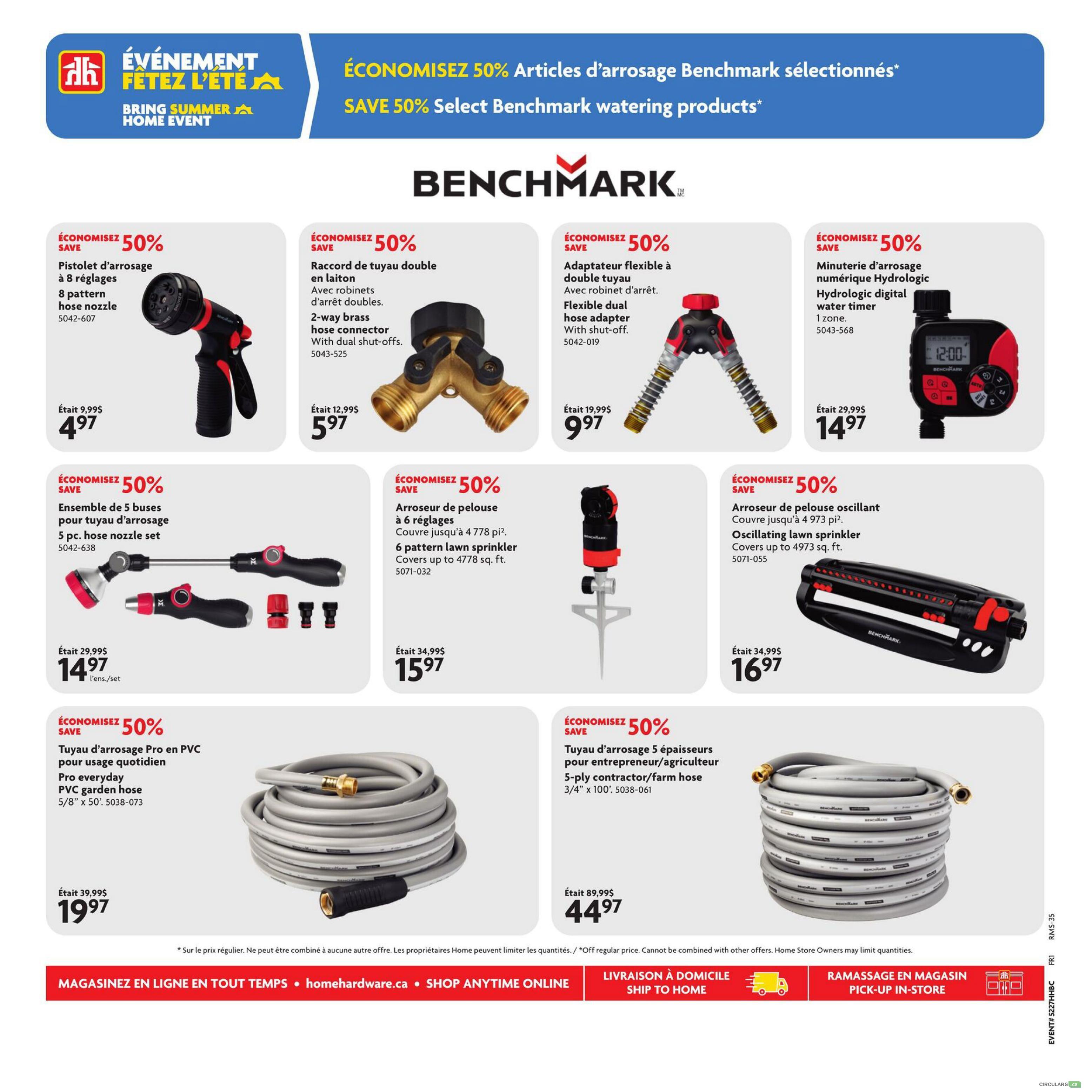 Home Hardware flyer page 8 features a selection of Benchmark watering products on sale with 50% savings. Featured items include an 8-pattern hose nozzle for $4.97, a 2-way brass hose connector with dual shut-offs for $5.97, a flexible dual hose adapter with shut-off for $9.97, and a hydrologic digital water timer for $14.97. Also available are a 5-piece hose nozzle set for $14.97, a 6-pattern lawn sprinkler covering up to 4778 sq. ft. for $15.97, and an oscillating lawn sprinkler covering up to 4973 sq. ft. for $16.97. Additionally, a Pro everyday PVC garden hose (5/8' x 50') is priced at $19.97, and a 5-ply contractor/farm hose (3/4' x 100') is on sale for $44.97.