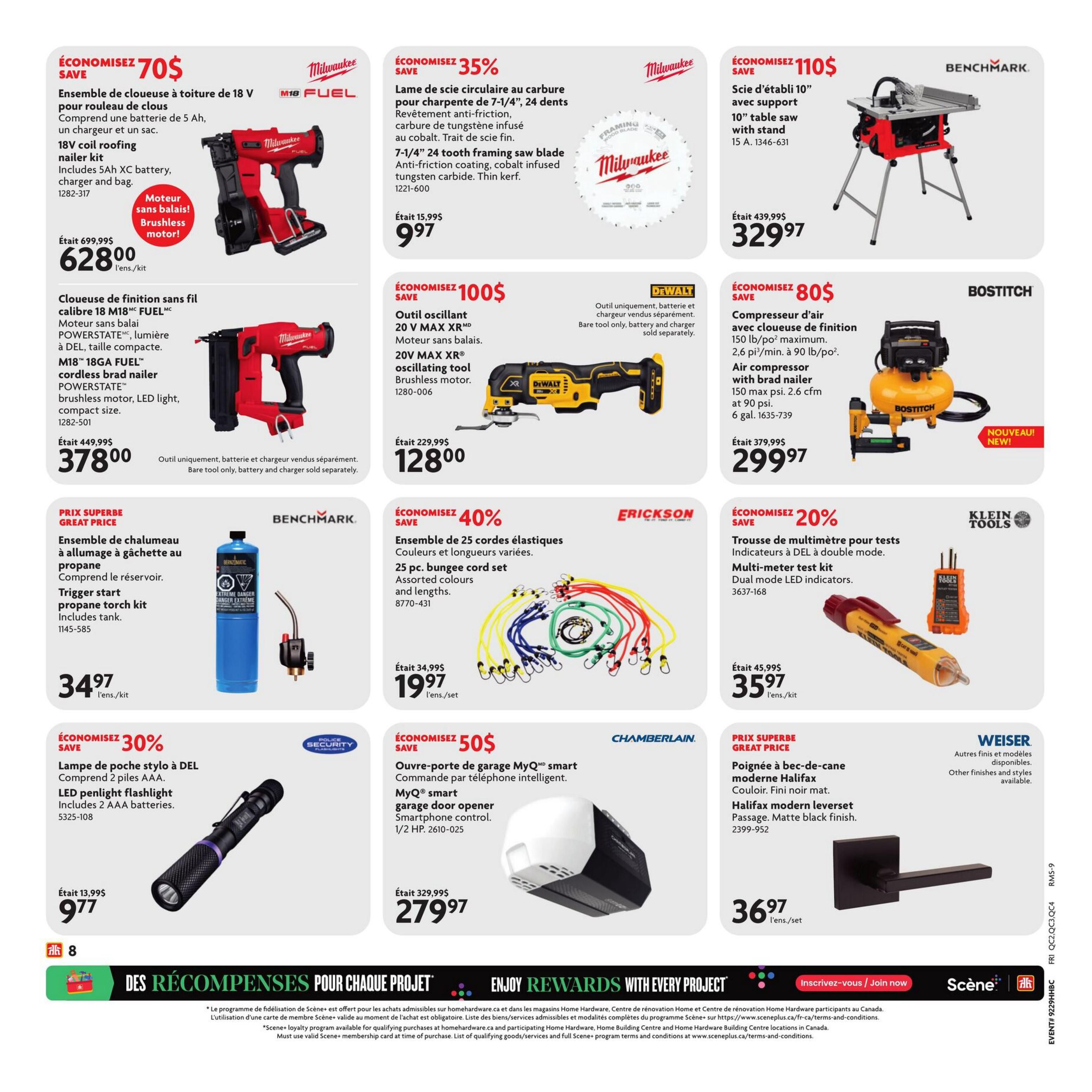 Home Hardware flyer page 15 features a Milwaukee 18V cordless roofing nailer kit, originally $699.99, now $628.00, saving $70. It includes a 5Ah XC battery, charger, and bag, and features a brushless motor. Also available is a Milwaukee M18 FUEL 18-gauge cordless brad nailer with POWERSTATE motor, LED light, and compact size, priced at $378.00 (was $449.99). A Milwaukee 7-1/4' 24-tooth framing saw blade with anti-friction coating and cobalt-infused tungsten carbide is on sale for $9.97 (was $15.99), saving 35%. A DeWalt 20V MAX XR oscillating tool with brushless motor is $128.00 (was $229.99), saving $100. A Benchmark 10' table saw with stand is $329.97 (was $439.99), saving $110. A Bostitch air compressor with brad nailer, capable of 150 max psi and 2.6 cfm at 90 psi, is $299.97 (new item). A Benchmark propane torch kit with trigger start and tank is a great price at $34.97. An Erickson 25-piece bungee cord set in assorted colours and lengths is 40% off, priced at $19.97. A Klein Tools multi-meter test kit with dual mode LED indicators is $35.97 (was $45.99), saving 20%. A Police Security 30% off LED penlight flashlight, including 2 AAA batteries, is $9.77 (was $13.99). A Chamberlain MyQ smart garage door opener with smartphone control, 1/2 HP, is $279.97 (was $329.99), saving $50. Finally, a Weiser Halifax modern leverseat passage handle with a matte black finish is $36.97.