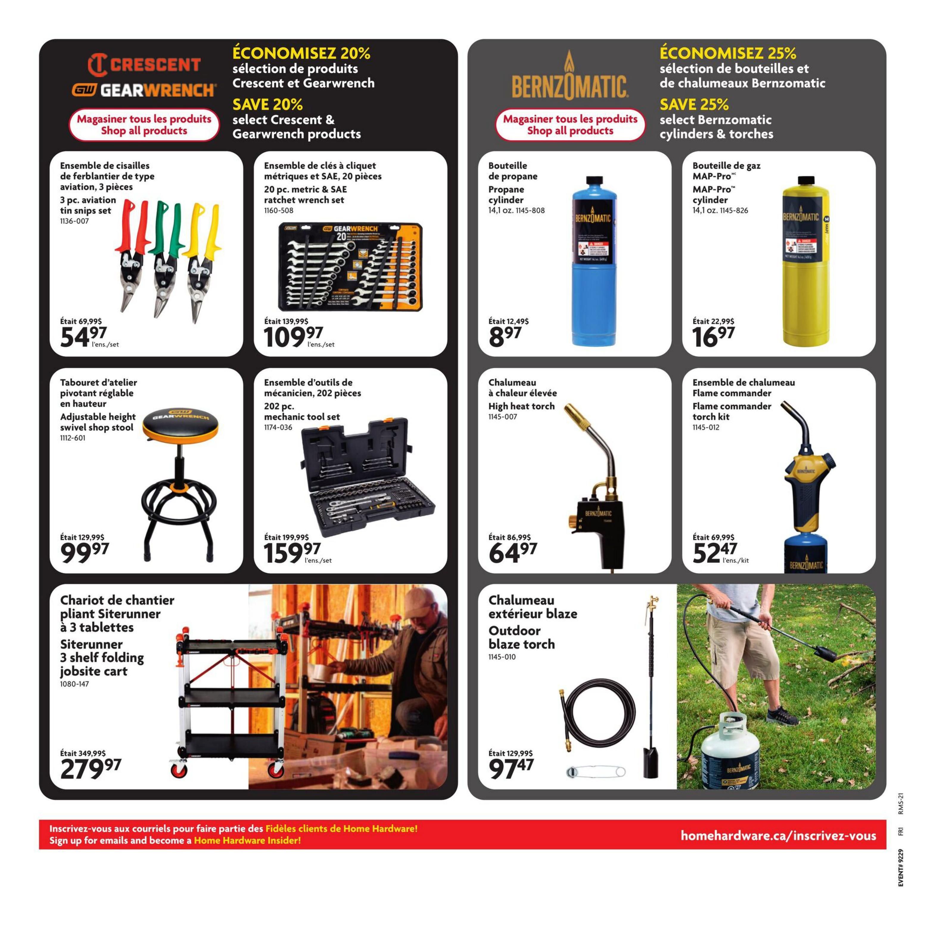 Home Hardware flyer page 18 featuring Crescent & Gearwrench products with a 20% saving. On sale: 3-piece aviation tin snips set for $54.97, and a 202-piece metric & SAE ratchet wrench set for $109.97. Also available: an adjustable height swivel shop stool for $99.97 and a Siterunner 3-shelf folding jobsite cart for $279.97. The flyer also highlights Bernzomatic products with a 25% saving on cylinders and torches. Featured items include a 14.1 oz. propane cylinder for $8.97, a MAP-Pro cylinder for $16.97, a high heat torch for $64.97, and a Flame Commander torch kit for $52.47. An outdoor blaze torch is also shown for $97.47. Sign up for emails to become a Home Hardware Insider at homehardware.ca/inscrire-vous.