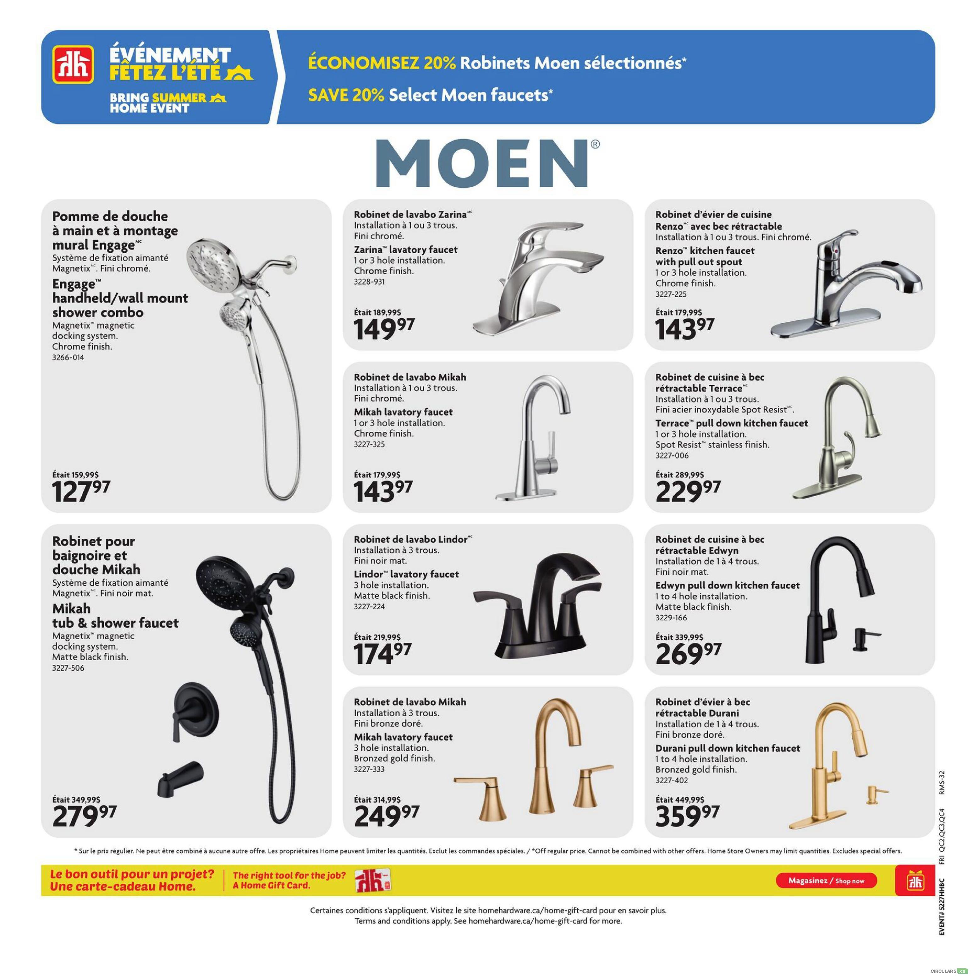 Home Hardware flyer page 20 features a selection of Moen faucets with a 20% discount. Featured products include the Engage handheld/wall mount shower combo with magnetic docking system in chrome finish for $127.97, and the Mikah tub & shower faucet with magnetic docking system in matte black finish for $279.97. Faucets on sale include the Zarina lavatory faucet in chrome for $149.97, the Renzo kitchen faucet with pull out spout in chrome for $143.97, the Mikah lavatory faucet in chrome for $143.97, the Lindor lavatory faucet in matte black for $174.97, the Terrace pull down kitchen faucet in Spot Resist stainless finish for $229.97, the Mikah lavatory faucet in bronzed gold finish for $249.97, and the Durani pull down kitchen faucet in bronzed gold finish for $359.97. The flyer also promotes the Home Gift Card for projects.