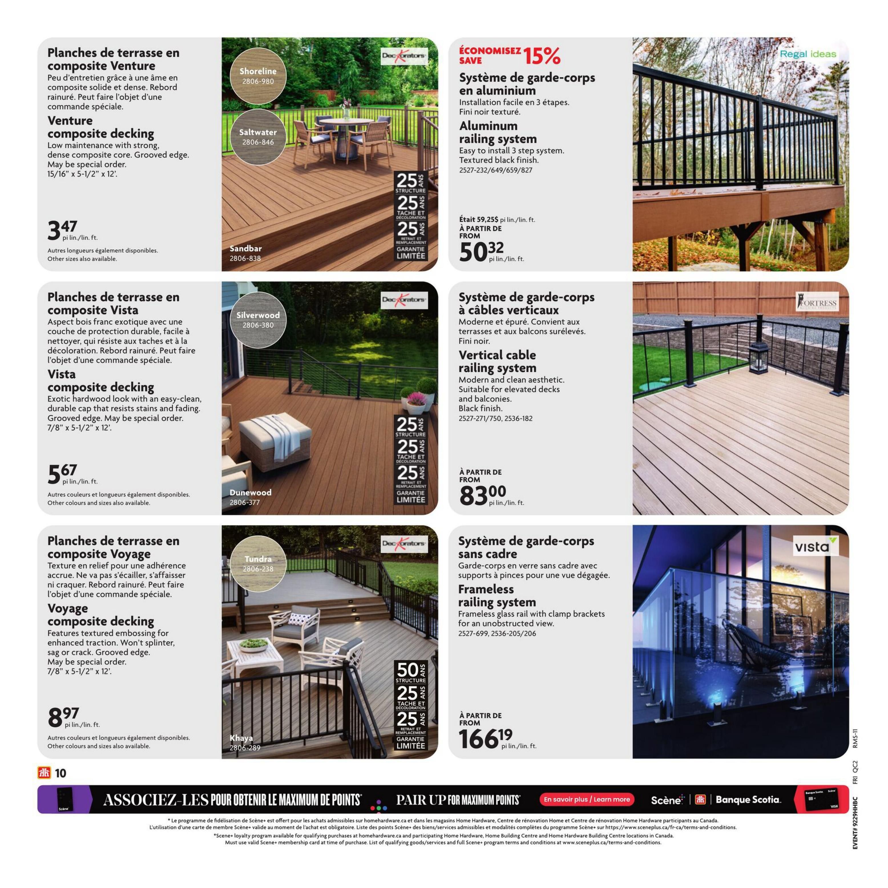 Home Hardware flyer page 22 features decking and railing systems. Venture composite decking is available for $3.47 per linear foot in Shoreline, Saltwater, and Sandbar colours. Vista composite decking is priced at $5.67 per linear foot in Silverwood and Dunewood colours. Voyage composite decking with textured embossing is $8.97 per linear foot in Tundra and Khaya colours. Save 15% on aluminum railing systems, now starting from $50.32 per linear foot. Vertical cable railing systems are available from $83.00 per linear foot in a black finish. Frameless glass railing systems with clamp brackets for an unobstructed view start at $166.19 per linear foot. All decking products mention other colours and sizes are also available. The bottom of the page highlights 'Pair Up for Maximum Points' with Scene+ and Scotiabank.