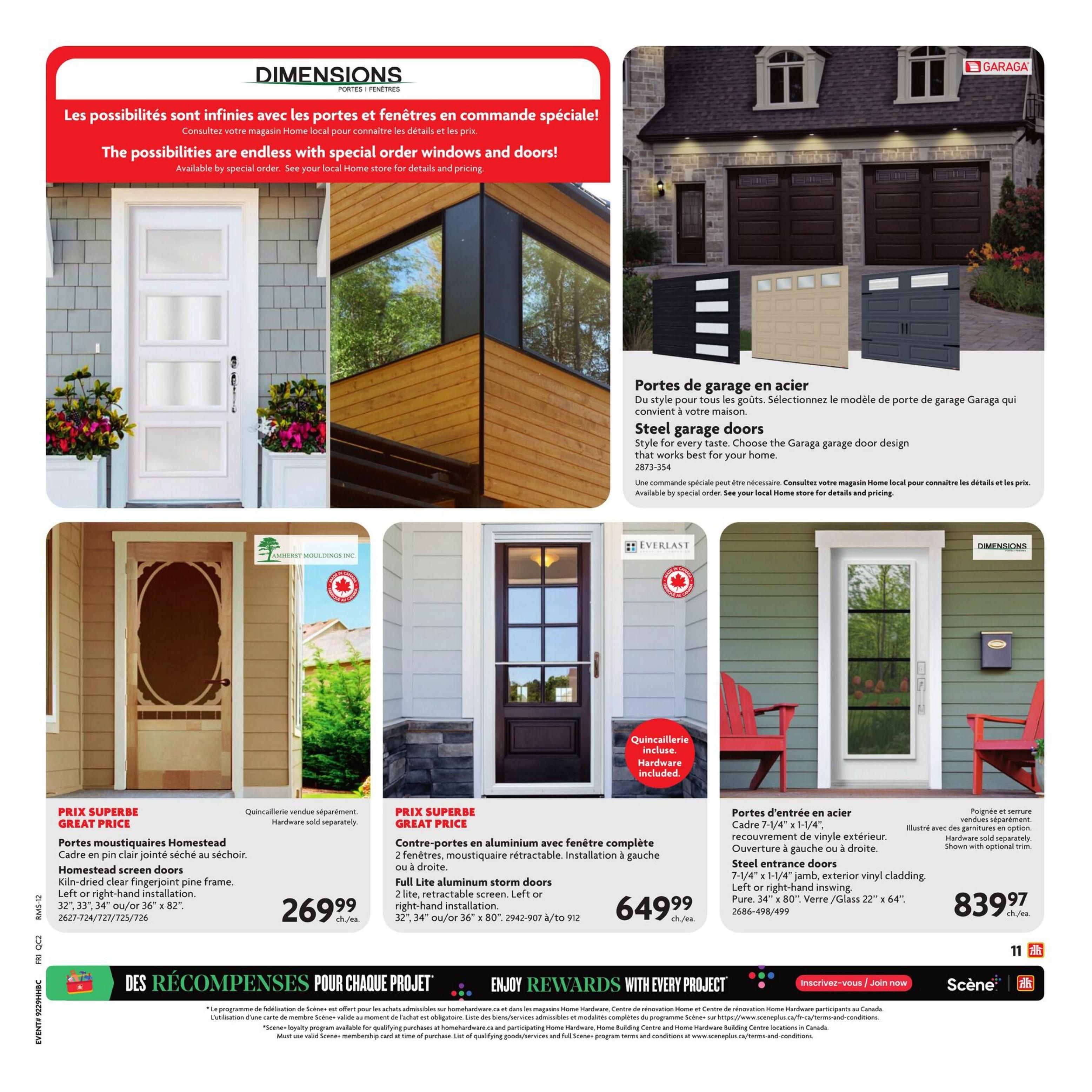 Home Hardware flyer, page 23, featuring 'Dimensions' windows and doors. Showcases steel garage doors in various styles, including a black model with horizontal panels, a beige model with window panes, and a dark grey model. Also features 'Homestead' screen doors made of kiln-dried clear fingerjoint pine frame, available in left or right-hand installation for sizes 32', 33', 34' or 36' x 82', priced at $269.99 each. Full lite aluminum storm doors with retractable screens are shown for left or right-hand installation in size 32', 34' or 36' x 80', priced at $649.99 each. Steel entrance doors with 7-1/4' x 1-1/4' jamb and exterior vinyl cladding are available in left or right inswing, with a pure 34' x 80' glass size of 22' x 64', priced at $839.97 each. Hardware is sold separately for some items. The bottom of the page highlights 'Enjoy Rewards with Every Project' and 'Scene+' loyalty program information.