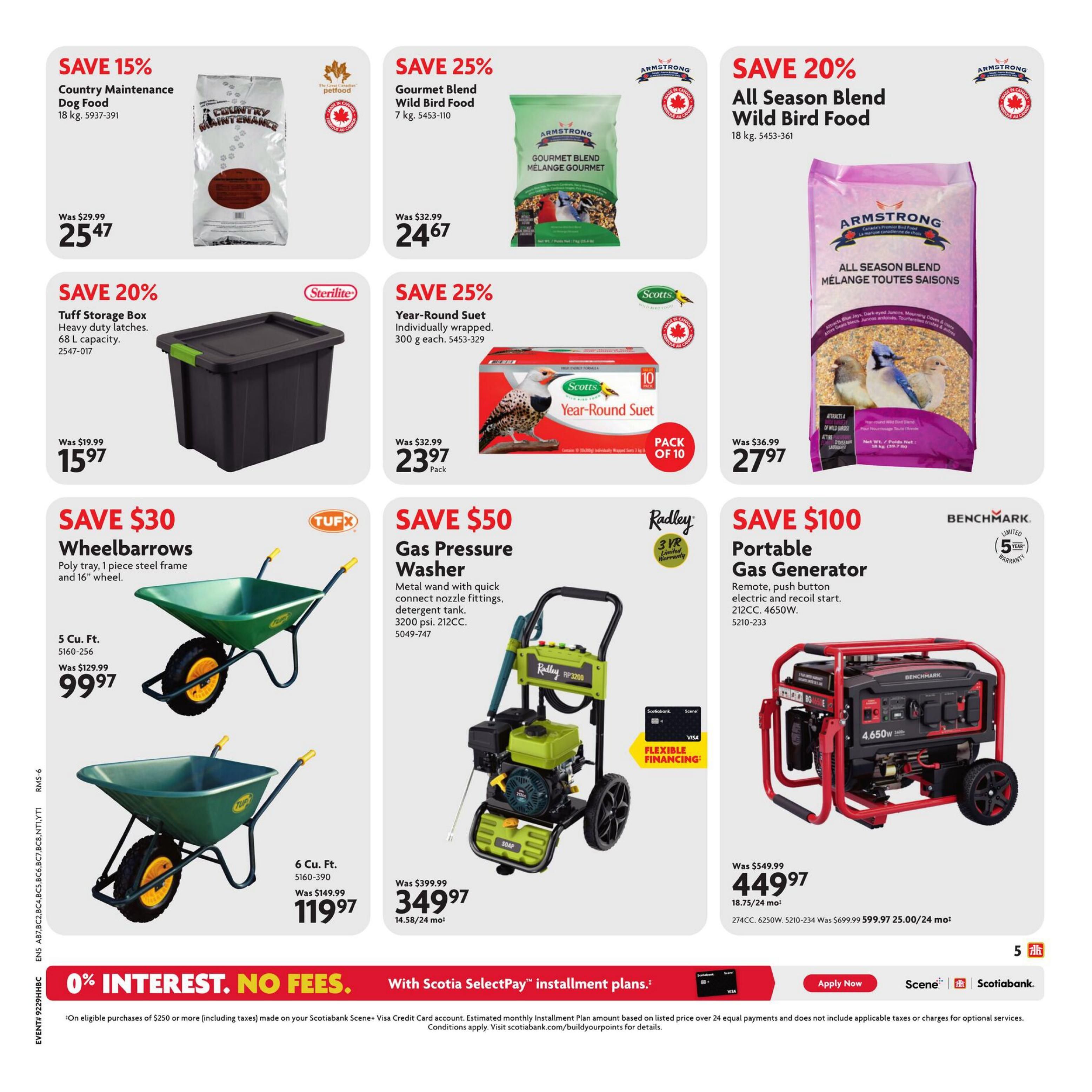 Home Hardware flyer page 6 features several deals. Save 15% on Country Maintenance Dog Food, 18 kg, now $25.47. Save 25% on Gourmet Blend Wild Bird Food, 7 kg, for $24.67. Save 20% on All Season Blend Wild Bird Food, 18 kg, for $27.97. Save 20% on Tuff Storage Box, 68 L capacity, for $15.97. Save 25% on a 10-pack of Scotts Year-Round Suet, individually wrapped 300 g each, for $23.97 per pack. Save $30 on 5 Cu. Ft. Wheelbarrows with poly tray and 16' wheel, now $99.97. Save $50 on a Radley Gas Pressure Washer with metal wand, quick connect nozzles, and detergent tank, 3200 psi, 212cc, for $349.97. Save $100 on a Benchmark Portable Gas Generator, remote, push button electric and recoil start, 212cc, 4650W, for $449.97. The page also highlights 0% interest, no fees with Scotia SelectPay installment plans on eligible purchases of $250 or more.
