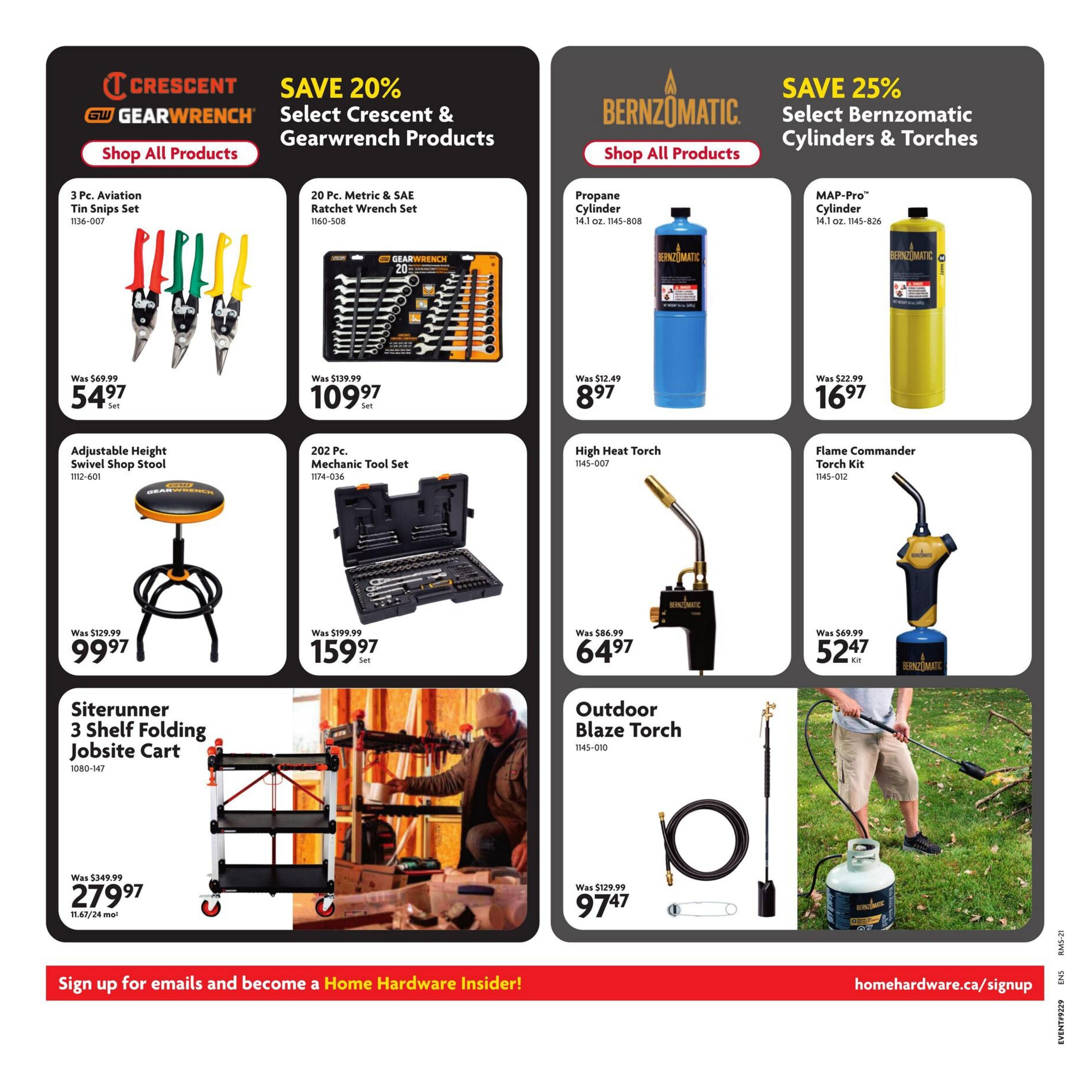 Home Hardware flyer page 18 featuring savings on tools and equipment. Save 20% on select Crescent & Gearwrench products, including a 3 Pc. Aviation Tin Snips Set for $54.97 (was $69.99), a 20 Pc. Metric & SAE Ratchet Wrench Set for $109.97 (was $139.99), an Adjustable Height Swivel Shop Stool for $99.97 (was $129.99), and a 202 Pc. Mechanic Tool Set for $159.97 (was $199.99). Also featured is the Siterunner 3 Shelf Folding Jobsite Cart for $279.97 (was $349.99). Save 25% on select Bernzomatic Cylinders & Torches, with a Propane Cylinder for $8.97 (was $12.49), a MAP-Pro™ Cylinder for $16.97 (was $22.99), a High Heat Torch for $64.97 (was $86.99), and an Outdoor Blaze Torch Kit for $52.47 (was $69.99). Sign up for emails and become a Home Hardware Insider at homehardware.ca/signup.