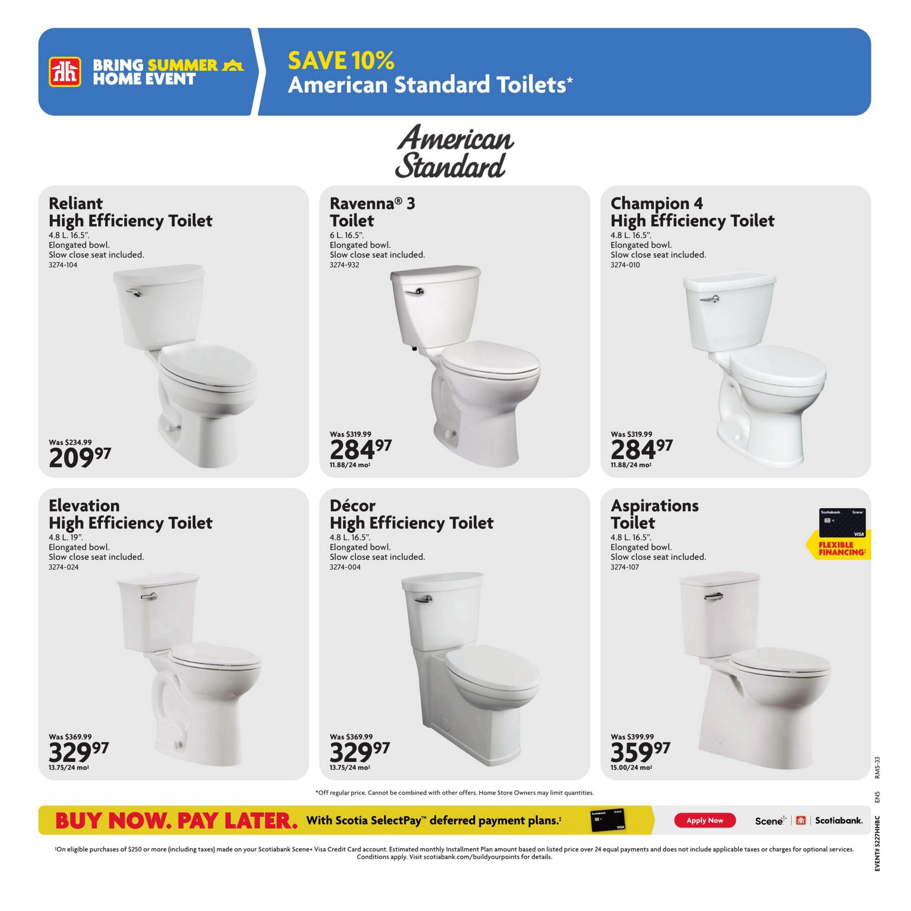 Home Hardware flyer, page 21, featuring American Standard Toilets with a 10% saving event. Products include the Reliant High Efficiency Toilet for $209.97 (was $234.99), the Ravenna 3 Toilet for $284.97 (was $319.99), and the Champion 4 High Efficiency Toilet for $284.97 (was $319.99). Also featured are the Elevation High Efficiency Toilet for $329.97 (was $369.99) and the Aspirations Toilet for $359.97 (was $399.99). All toilets are 4.8 L or 6 L, have elongated bowls, and include slow-close seats. Flexible financing options are available with Scotiabank Scene+ Visa Credit Card for eligible purchases of $250 or more.