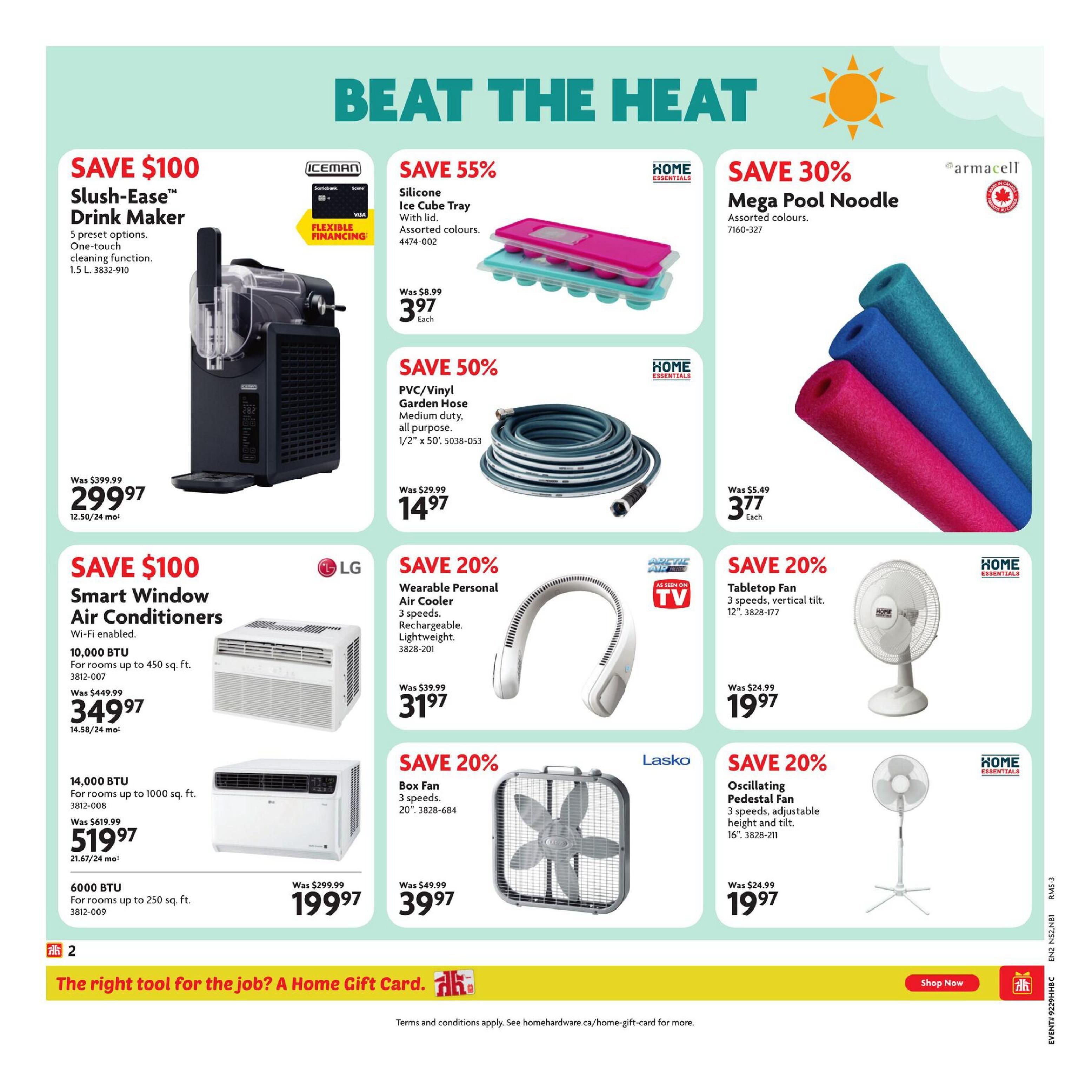 Home Hardware Atlantic flyer, page 3, featuring deals to 'Beat the Heat'. Save $100 on the Slush-Ease Drink Maker, now $299.97. Save 55% on Silicone Ice Cube Trays, now $3.97 each. Save 30% on Mega Pool Noodles, now $3.77 each. Save $100 on LG Smart Window Air Conditioners (Wi-Fi enabled, 10,000 BTU) for $349.97, and 6000 BTU models for $199.97. Save 50% on PVC/Vinyl Garden Hose (1/2' x 50'), now $14.97. Save 20% on Wearable Personal Air Coolers, now $31.97. Save 20% on Lasko Box Fans (20'), now $39.97. Save 20% on Home Essentials Tabletop Fans (12'), now $19.97, and Oscillating Pedestal Fans (16'), now $19.97. The bottom banner promotes 'The right tool for the job? A Home Gift Card.' with a 'Shop Now' button.