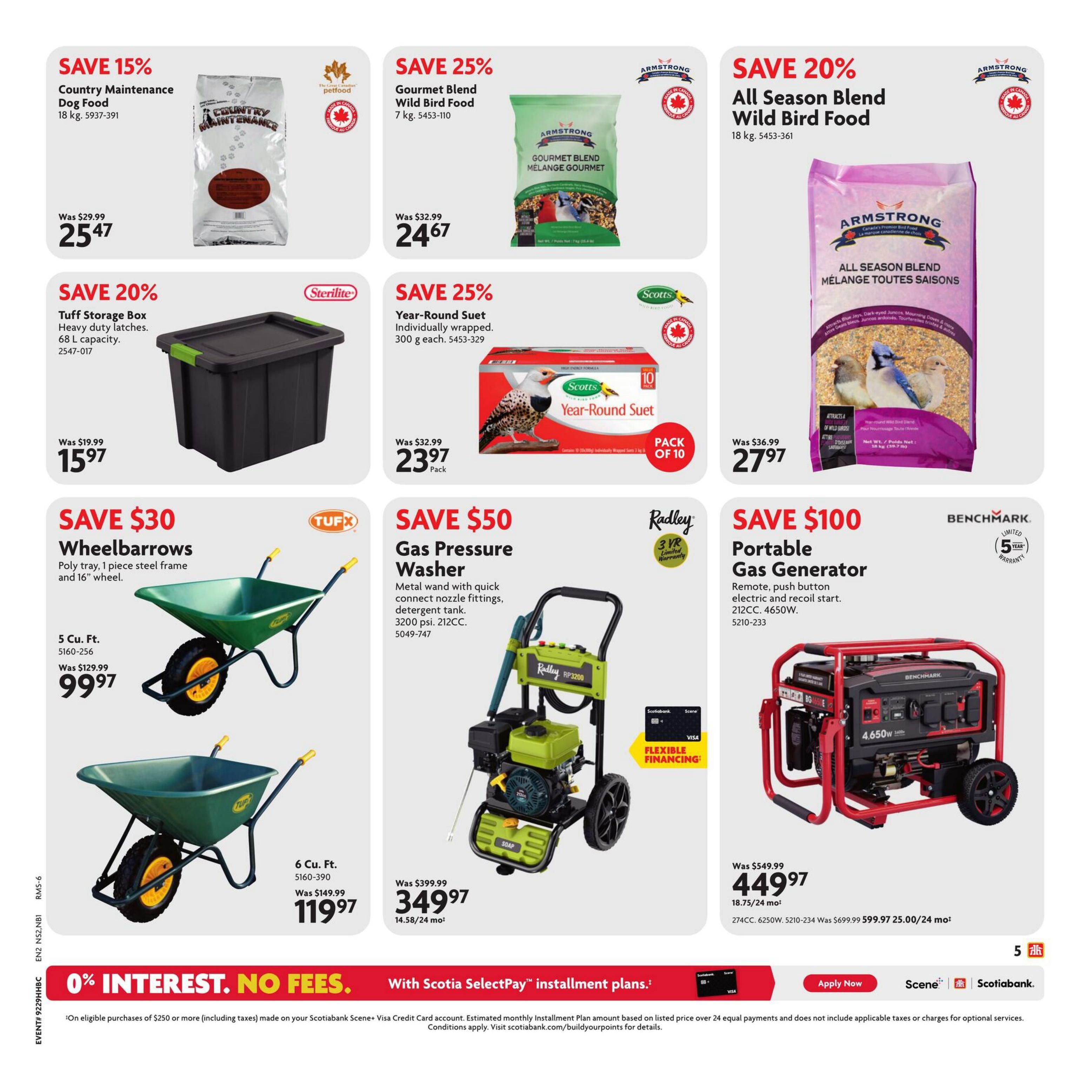 Home Hardware flyer page 6 featuring savings on pet and garden supplies, and power equipment. Save 15% on Country Maintenance Dog Food, 18 kg, now $25.47. Save 25% on Gourmet Blend Wild Bird Food, 7 kg, for $24.67. Save 20% on Armstrong All Season Blend Wild Bird Food, 18 kg, for $27.97. Save 20% on Tuff Storage Box, 68 L capacity, for $15.97. Save 25% on Scotts Year-Round Suet, 10 pack, for $23.97. Save $30 on Tufx Wheelbarrows with poly tray and 16' wheel, 5 cu. ft., now $99.97. Save $50 on Radley Gas Pressure Washer, 3200 psi, 212cc, for $349.97 (14.58/24 mo). Save $100 on Benchmark Portable Gas Generator, 212cc, 4650W, for $449.97 (18.75/24 mo). Also features 0% interest, no fees with Scotiabank SelectPay installment plans on eligible purchases of $250 or more.