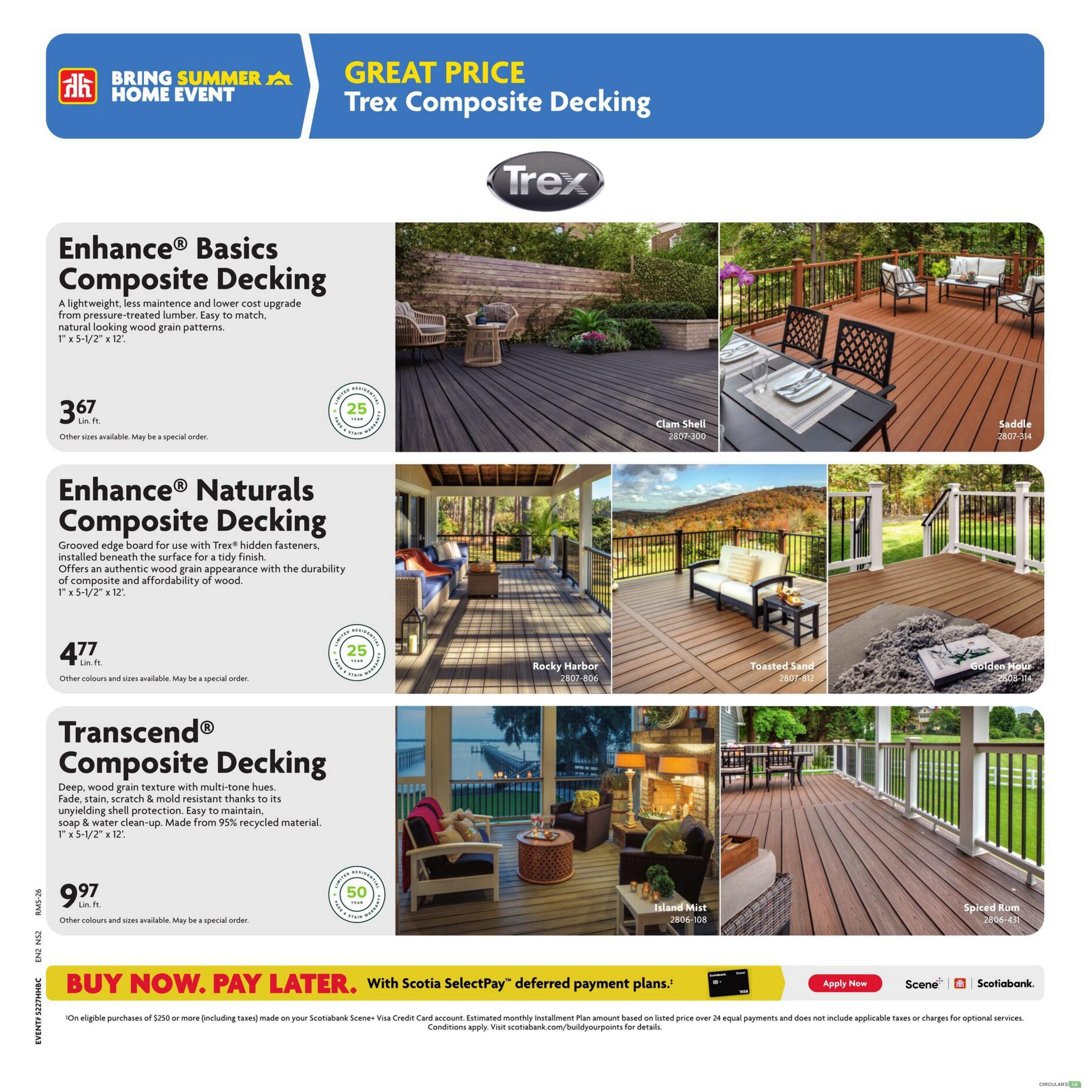 Home Hardware flyer page featuring Trex Composite Decking. Offers include Enhance Basics Composite Decking for $3.67 per linear foot with a 25-year warranty, available in Clam Shell and Saddle colours. Enhance Naturals Composite Decking is priced at $4.77 per linear foot, also with a 25-year warranty, shown in Rocky Harbor and Toasted Sand. Transcend Composite Decking is available for $9.97 per linear foot with a 50-year warranty, with colours like Island Mist and Spiced Rum. All decking is 1' x 5-1/2' x 12'. The page also promotes a 'Buy Now, Pay Later' offer with Scotiabank SelectPay deferred payment plans on eligible purchases of $250 or more.