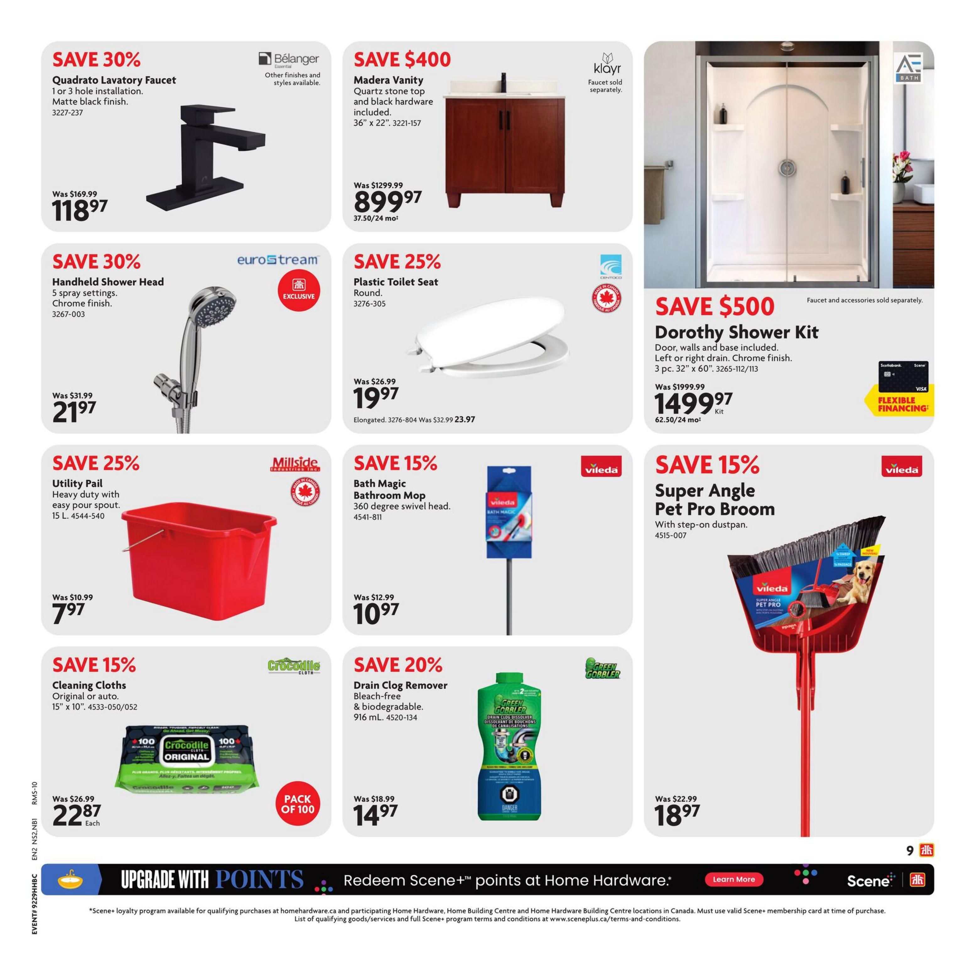 Home Hardware flyer page 19 features savings on various home improvement and cleaning products. Save 30% on the Quadrato Lavatory Faucet in matte black finish, now $118.97 (was $169.99). Save 30% on a Handheld Shower Head with 5 spray settings and chrome finish, only $21.97 (was $31.99). Save $400 on the Madera Vanity with quartz stone top and black hardware, priced at $899.97. Save $500 on the Dorothy Shower Kit, including door, walls, and base in chrome finish, for $1499.97. Save 25% on a Plastic Toilet Seat (round) for $19.97. Save 25% on a Utility Pail, heavy duty with easy pour spout, 15 L, for $7.97 (was $10.99). Save 15% on Vileda Bath Magic Bathroom Mop with 360-degree swivel head, now $10.97 (was $12.99). Save 15% on Vileda Super Angle Pet Pro Broom with step-on dustpan, for $18.97 (was $22.99). Save 20% on Green Gobbler Drain Clog Remover, bleach-free and biodegradable, 916 mL, for $14.97 (was $18.99). Also featured are Crocodile Cleaning Cloths, original or auto, 15' x 10', pack of 100, for $22.87 each (was $26.99). The bottom of the page highlights 'Upgrade with Points' and 'Redeem Scene+ points at Home Hardware.