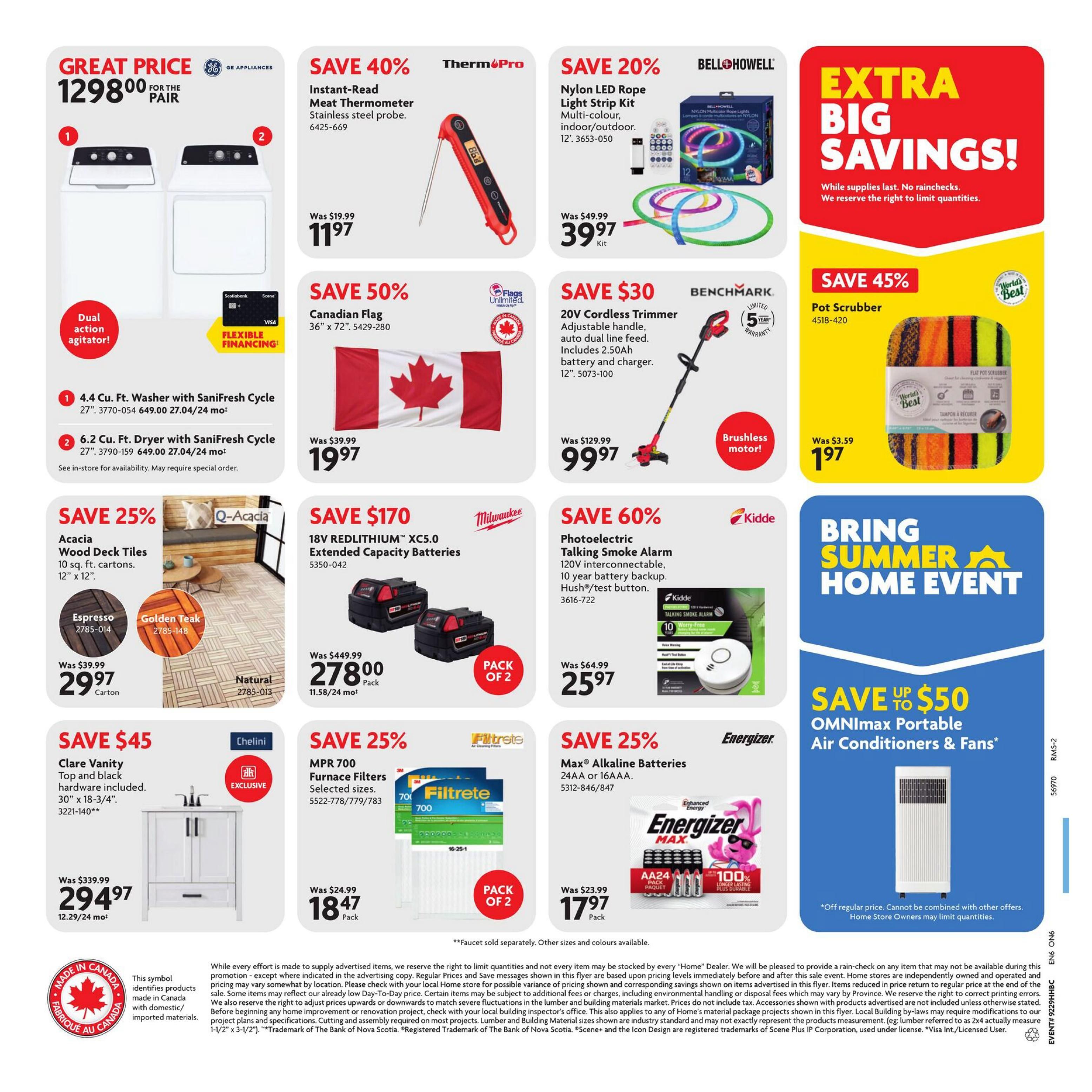 Home Hardware flyer page 2 features a GE Appliances washer and dryer pair for a great price of $1298.00. Also available are a ThermoPro Instant-Read Meat Thermometer for $11.97 (save 40%), a Bell+Howell Nylon LED Rope Light Strip Kit for $39.97 (save 20%), and a Benchmark 20V Cordless Trimmer for $99.97 (save $30). Other deals include a Canadian Flag for $19.97 (save 50%), a World's Best Pot Scrubber for $1.97 (save 45%), Acacia Wood Deck Tiles in Espresso and Golden Teak for $29.97 per carton (save 25%), Milwaukee 18V REDLITHIUM XC5.0 Extended Capacity Batteries (pack of 2) for $278.00 (save $170), a Kidde Photoelectric Talking Smoke Alarm for $25.97 (save 60%), a Chelini 30' Clare Vanity with hardware for $294.97 (save $45), Filtrete MPR 700 Furnace Filters (pack of 2) for $18.47 (save 25%), and Energizer Max Alkaline Batteries (24 AA or 16 AAA) for $17.97 (save 25%). The flyer also promotes a 'Bring Summer Home Event' with savings up to $50 on OMNImax Portable Air Conditioners & Fans. Products marked 'Made in Canada' are highlighted.