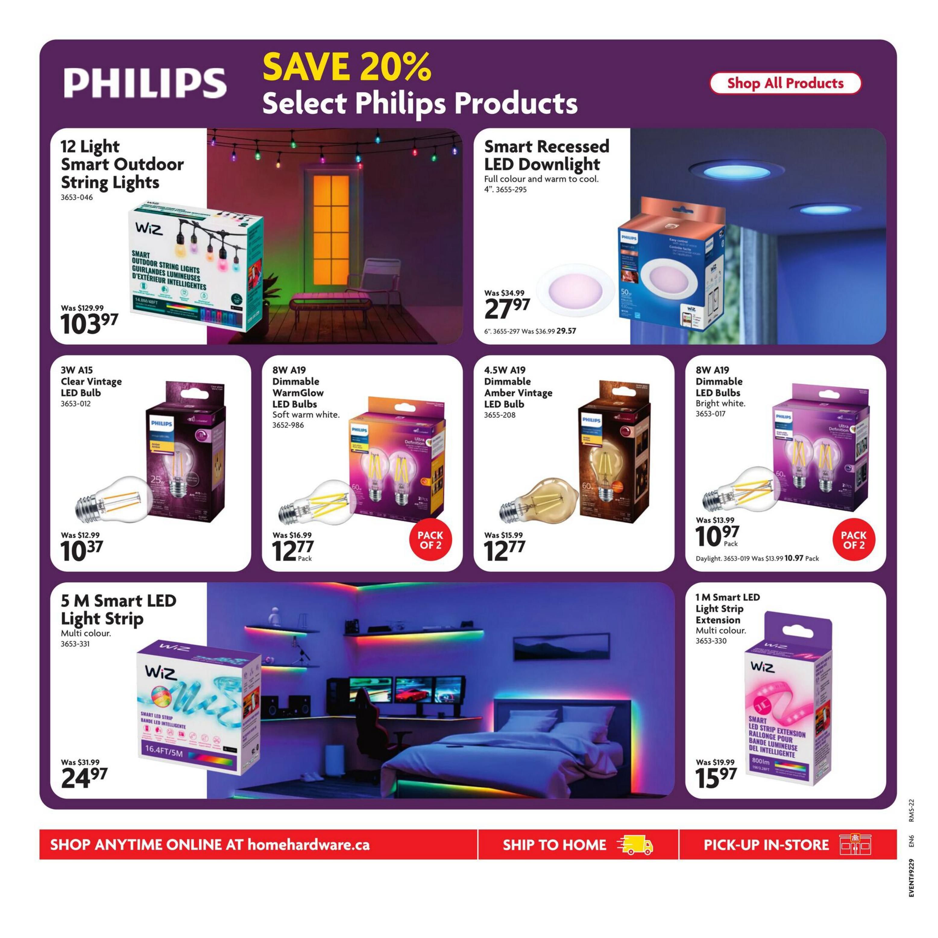 Home Hardware flyer page 29 featuring Philips products with savings up to 20%. Highlighted items include 12 Light Smart Outdoor String Lights for $103.97 (was $129.99), Smart Recessed LED Downlight for $27.97 (was $34.99), 3W A15 Clear Vintage LED Bulb for $10.37 (was $12.99), 8W A19 Dimmable WarmGlow LED Bulbs (pack of 2) for $12.77 (was $16.99), 4.5W A19 Dimmable Amber Vintage LED Bulb for $12.77 (was $15.99), 8W A19 Dimmable LED Bulbs, bright white (pack of 2) for $10.97 (was $13.99), 5 M Smart LED Light Strip in multi-colour for $24.97 (was $31.99), and 1 M Smart LED Light Strip Extension in multi-colour for $15.97 (was $19.99). The page also promotes shopping anytime online at homehardware.ca, ship to home, and pick-up in-store options.