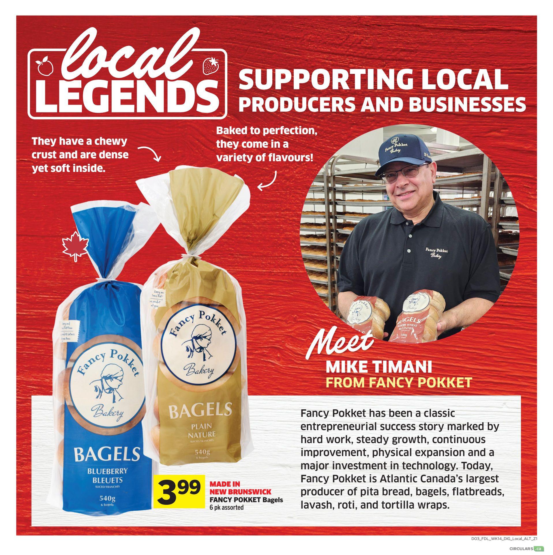 Foodland flyer page featuring 'Local Legends: Supporting Local Producers and Businesses'. The page highlights Fancy Pokket Bakery, with a 'Meet Mike Timani' section. Featured products include Fancy Pokket Blueberry Bagels and Plain Nature Bagels, both 540g (6 bagels), priced at $3.99 each. The Blueberry Bagels are described as having a chewy crust and dense yet soft inside, available in a variety of flavours. The Plain Nature Bagels are also 540g and priced at $3.99. The text mentions that Fancy Pokket is Atlantic Canada's largest producer of pita bread, bagels, flatbreads, lavash, roti, and tortilla wraps. The Blueberry Bagels are proudly made in New Brunswick.