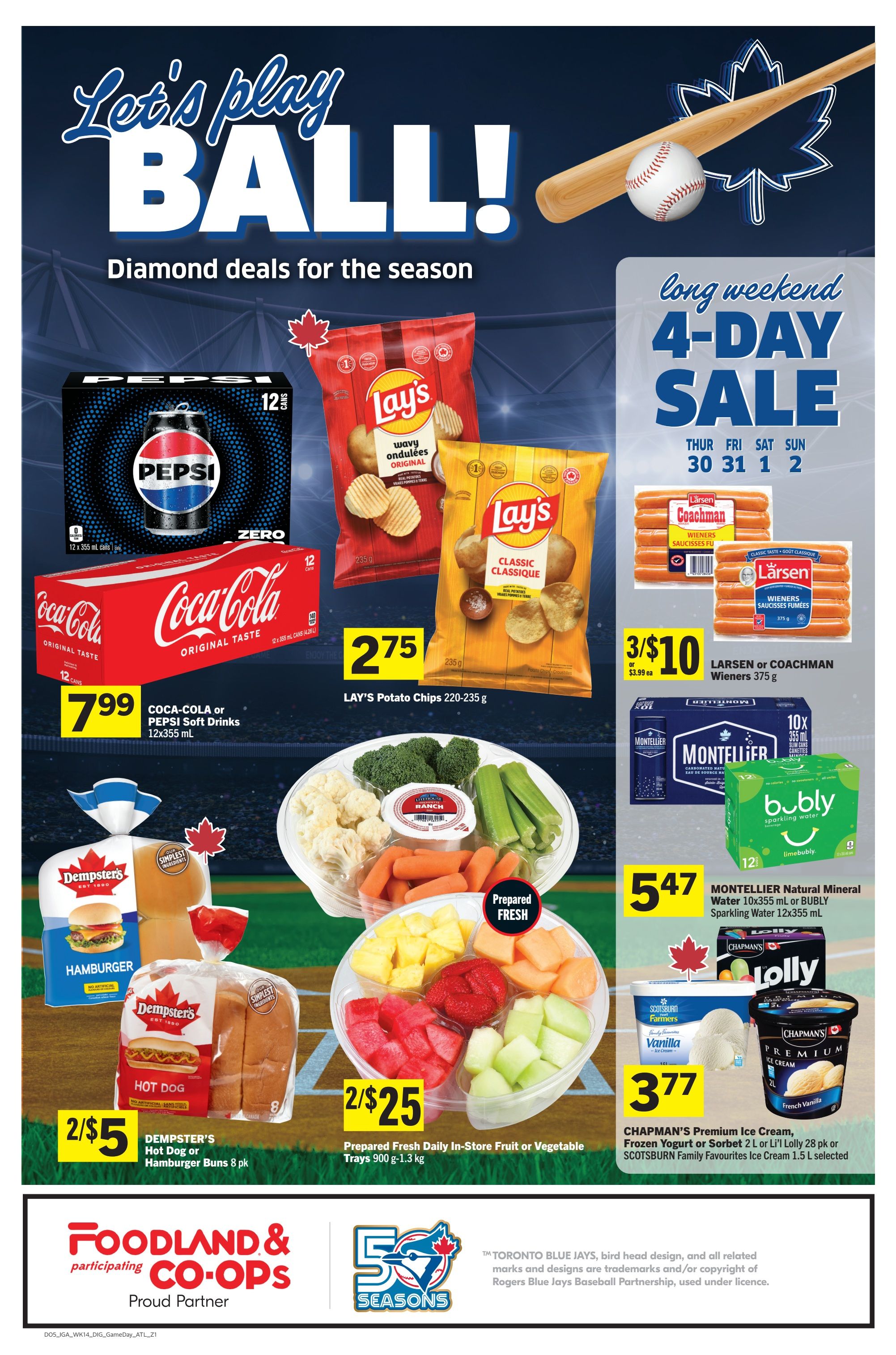 Foodland weekly flyer specials page 11 features a 'Let's Play Ball!' theme with diamond deals. Promotions include Coca-Cola or Pepsi Soft Drinks 12x355 mL for $7.99, Lay's Potato Chips 220-235 g for $2.75, and Larsen or Coachman Wieners 375 g for 3 for $10. Also featured are Dempster's Hot Dog or Hamburger Buns 8 pk for 2 for $5, and Prepared Fresh Daily In-Store Fruit or Vegetable Trays 900 g - 1.3 kg for 2 for $25. Beverages on sale include Montellier Natural Mineral Water 10x355 mL or BUBLY Sparkling Water 12x355 mL for $5.47. Frozen treats include Chapman's Premium Ice Cream, Frozen Yogurt or Sorbet 2 L or Li'l Lolly 28 pk or Scotsburn Family Favourites Ice Cream 1.5 L for $3.77. The page also highlights a long weekend 4-day sale from Thursday, August 30 to Sunday, September 2.